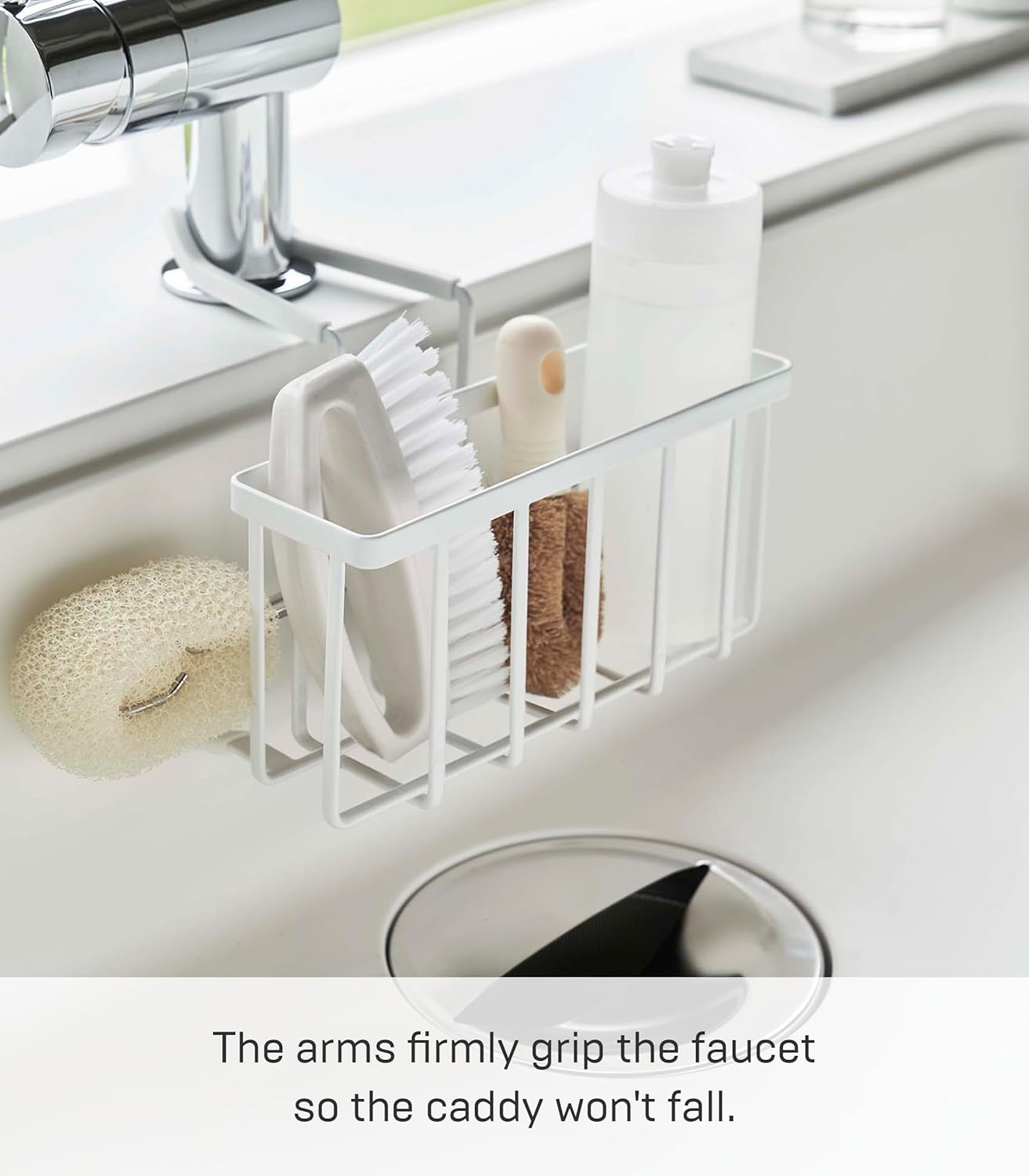 YAMAZAKI Home Tower Faucet-Hanging Sponge Caddy Kitchen Sink Dish Soap Bottle Brush Scrubber Organizer Holder, Metal with Silicone Protection - Steel