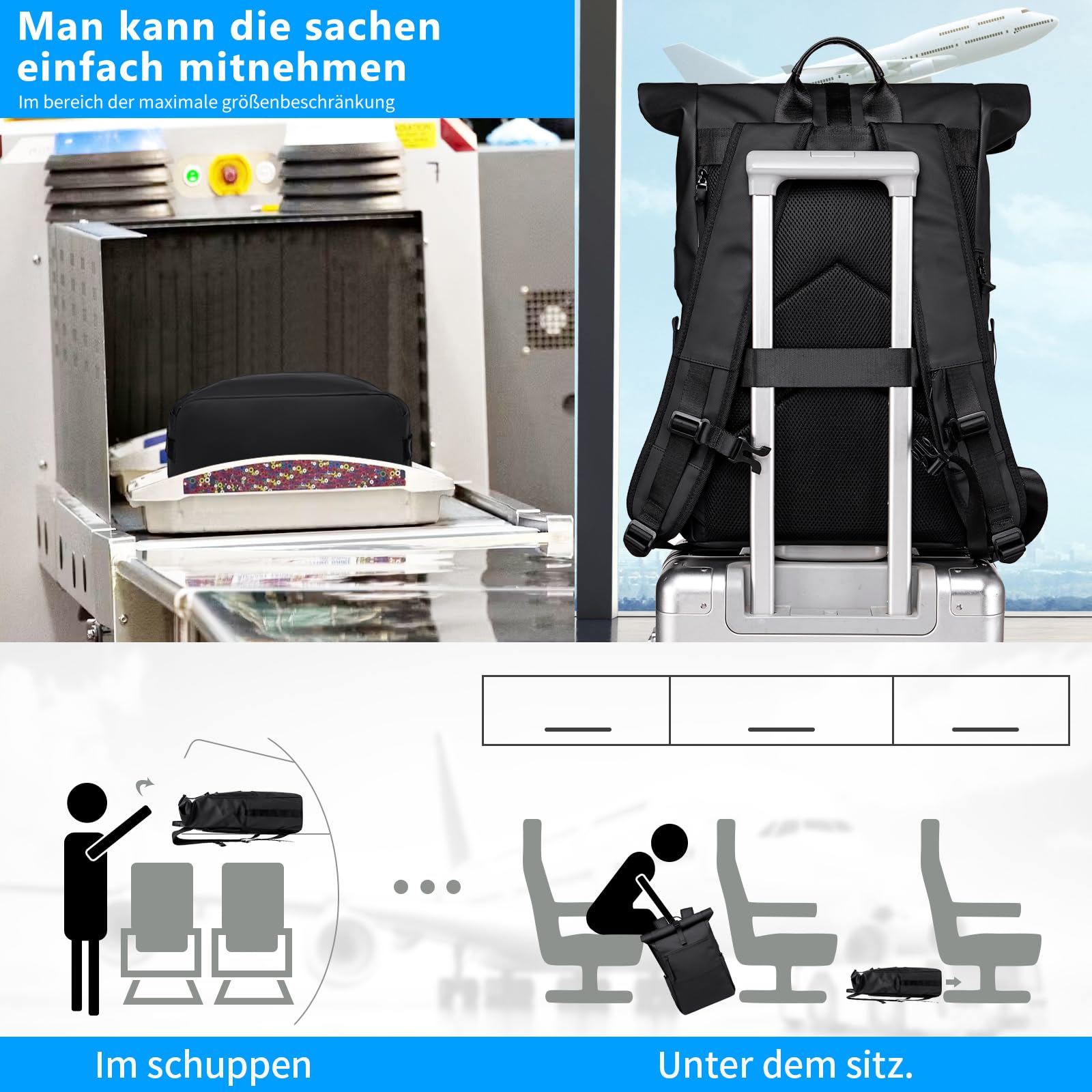 Rolltop Rucksack Damen Herren Großer Laptop Rucksack Wasserdichter mit Computerfach 16 Zoll Rucksäcke Schulrucksack Wasserfester Reiserucksack Handgepäck Flugzeug Arbeit Reisen