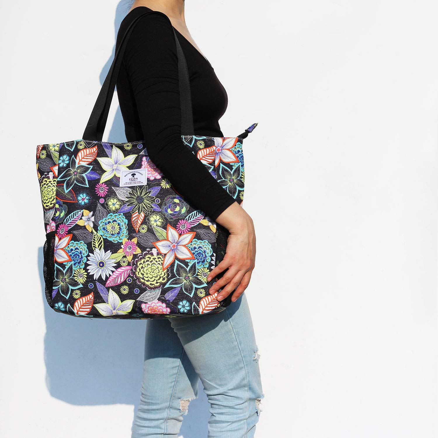 ESVAN Grand sac à bandoulière imprimé floral imperméable pour salle de sport, plage, voyage, usage quotidien