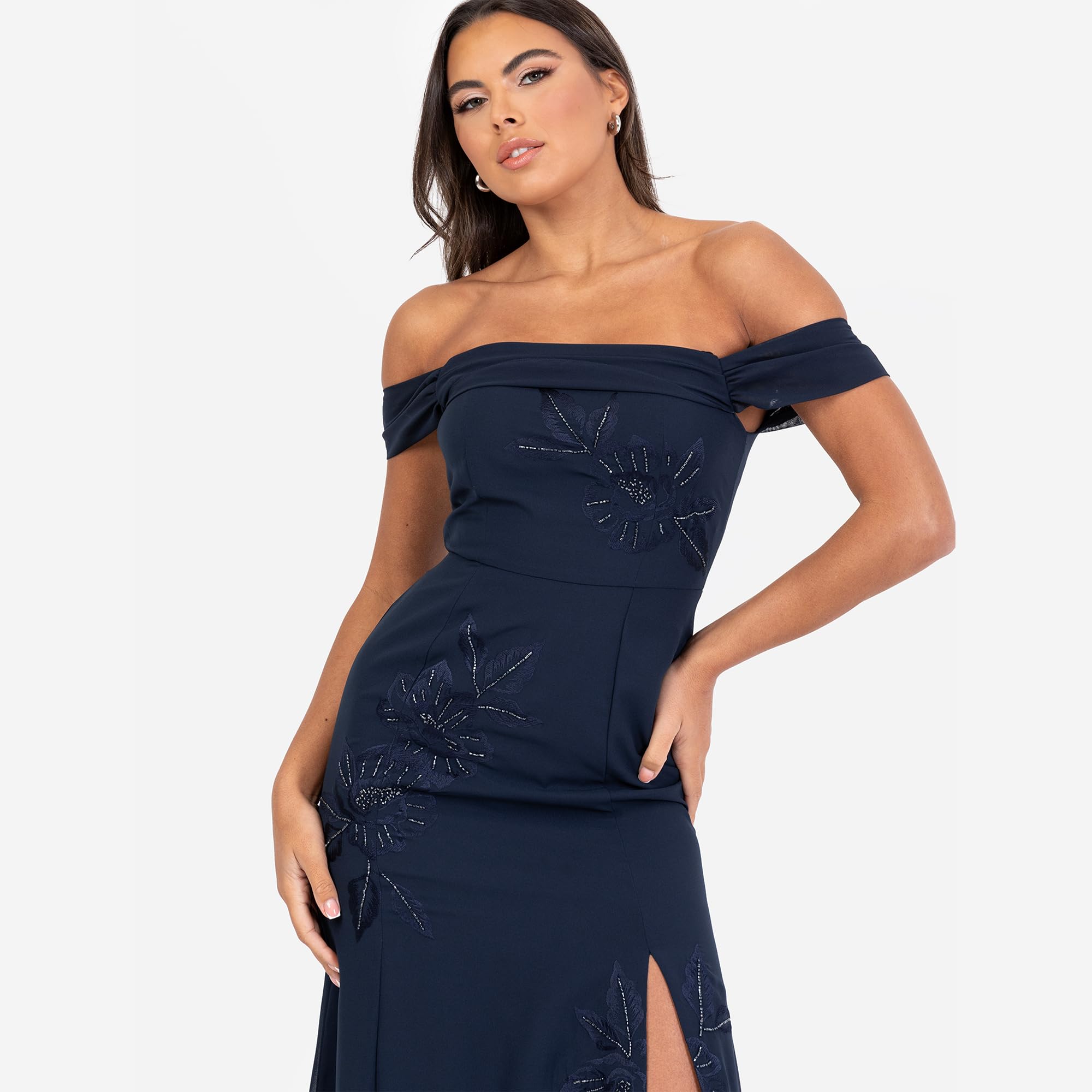 Maya Deluxe Women's Maxi Dress Ladies off Shoulder Bardot Sleeveless A-Line Split Slit Embroidered Bead Embellished Evening Prom Donna