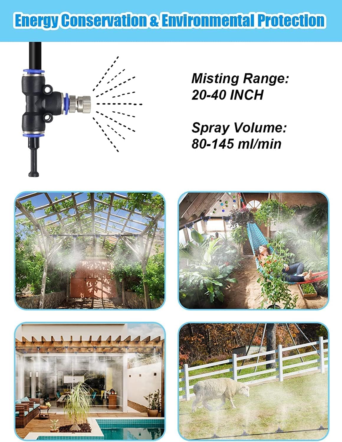 Tesmotor 8M Sprühnebel Kühlung Set, Outdoor Misting System mit 9 Messing Nebeldüsen, Nebelkühlung für Garten Gewächshaus Sonnenschirm