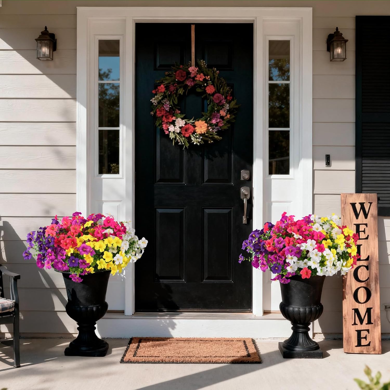 INQCMY Artificial Fake Flowers for Outdoors Decoration,12 Bundles Silk Colorful Morning Glory with Eucalyptus UV Resistant Look Real Faux Flowers for Planter Door Garden Porch Patio Balcony Yard