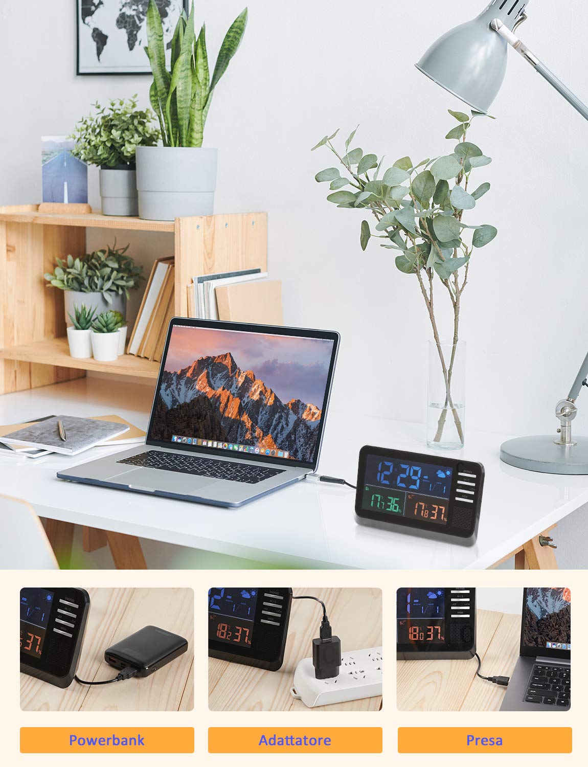 YISSVIC YGH397S Weather Station displaying an alarm time of 8:00 with the snooze function highlighted.