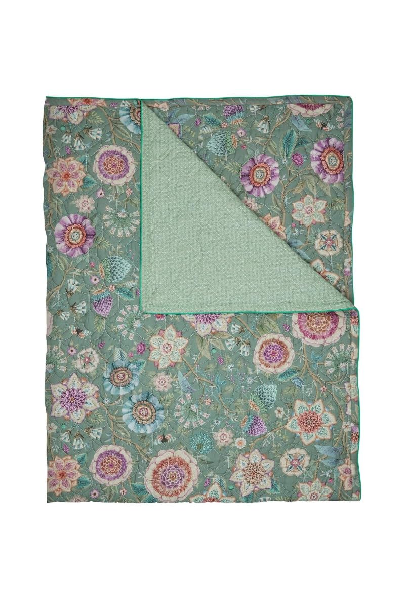 Pip Studio Tagesdecke Viva Las Flores Grün Blüten Knospen Beeren Schmetterlinge Stiele, Größe:180 x 260 cm