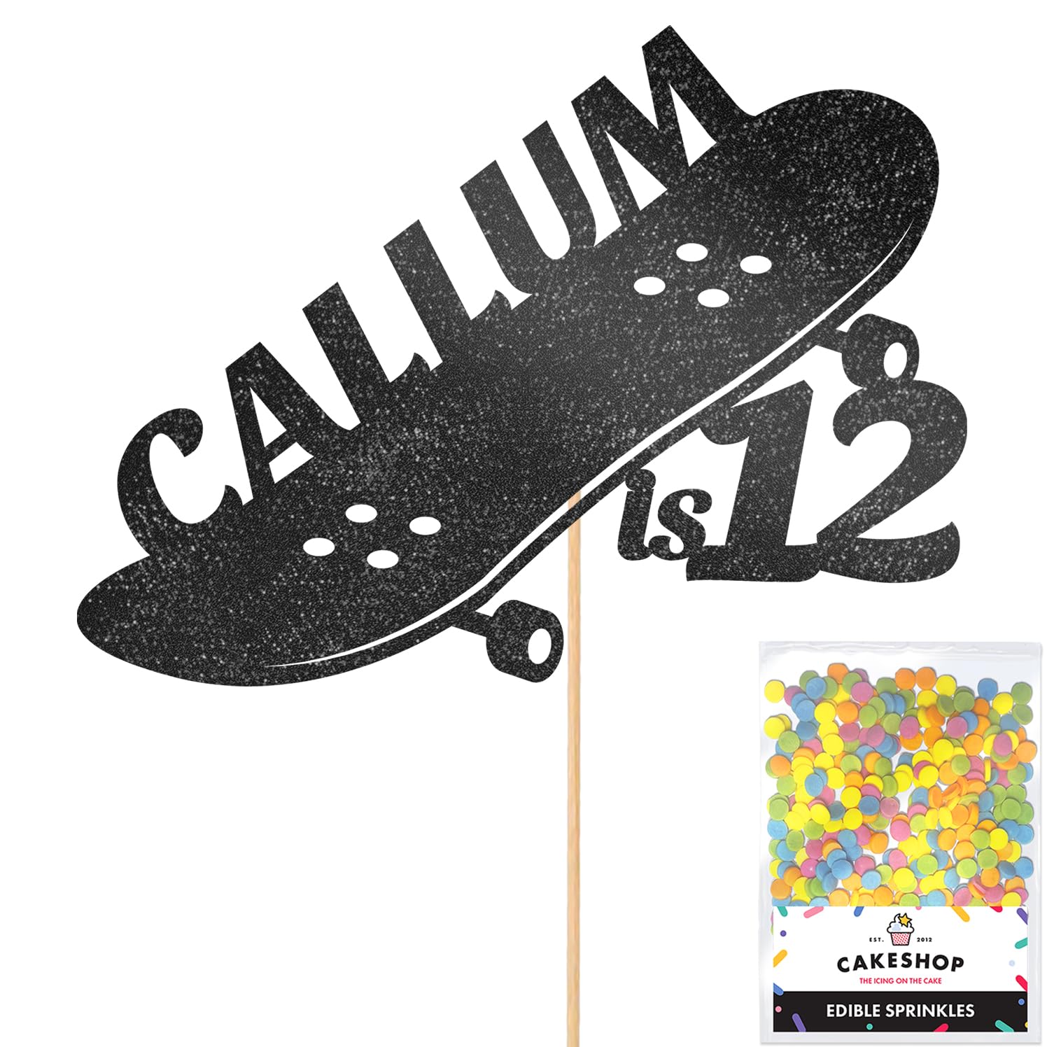 Personalised Skateboard Skater Glitter Cake Topper- Black Any Custom Age & Name Glitter Cake Decoration and Sprinkles - Happy Birthday Decorations - Personalised Toppers for Cakes by Cakeshop โ image 1