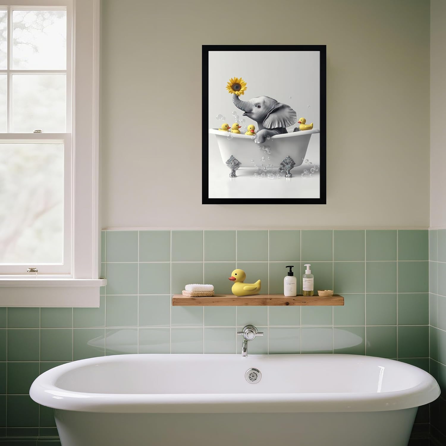 Ovczax Framed Funny Black And White Bathroom Wall Art Elephant And Duck In Bathtub Cute Animals Kids Room Decor Canvas Wall Decor 16" x 12" With Frame