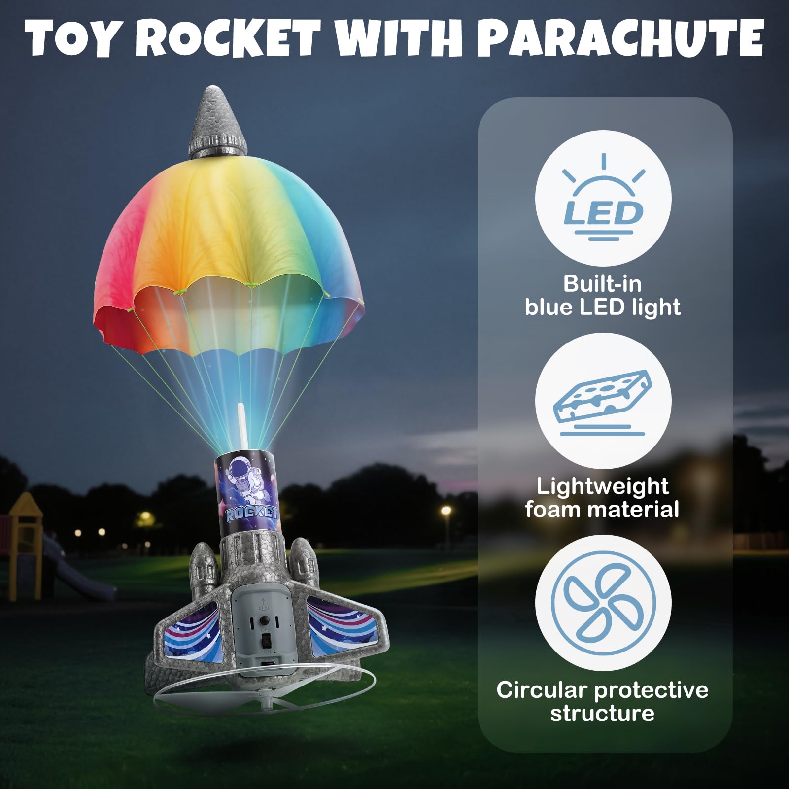 Dreamon Rakieta dla dzieci ze spadochronem LED, zmotoryzowana rakieta, zabawka outdoorowa, prezent dla dzieci w wieku 6, 7, 8, 9 lat