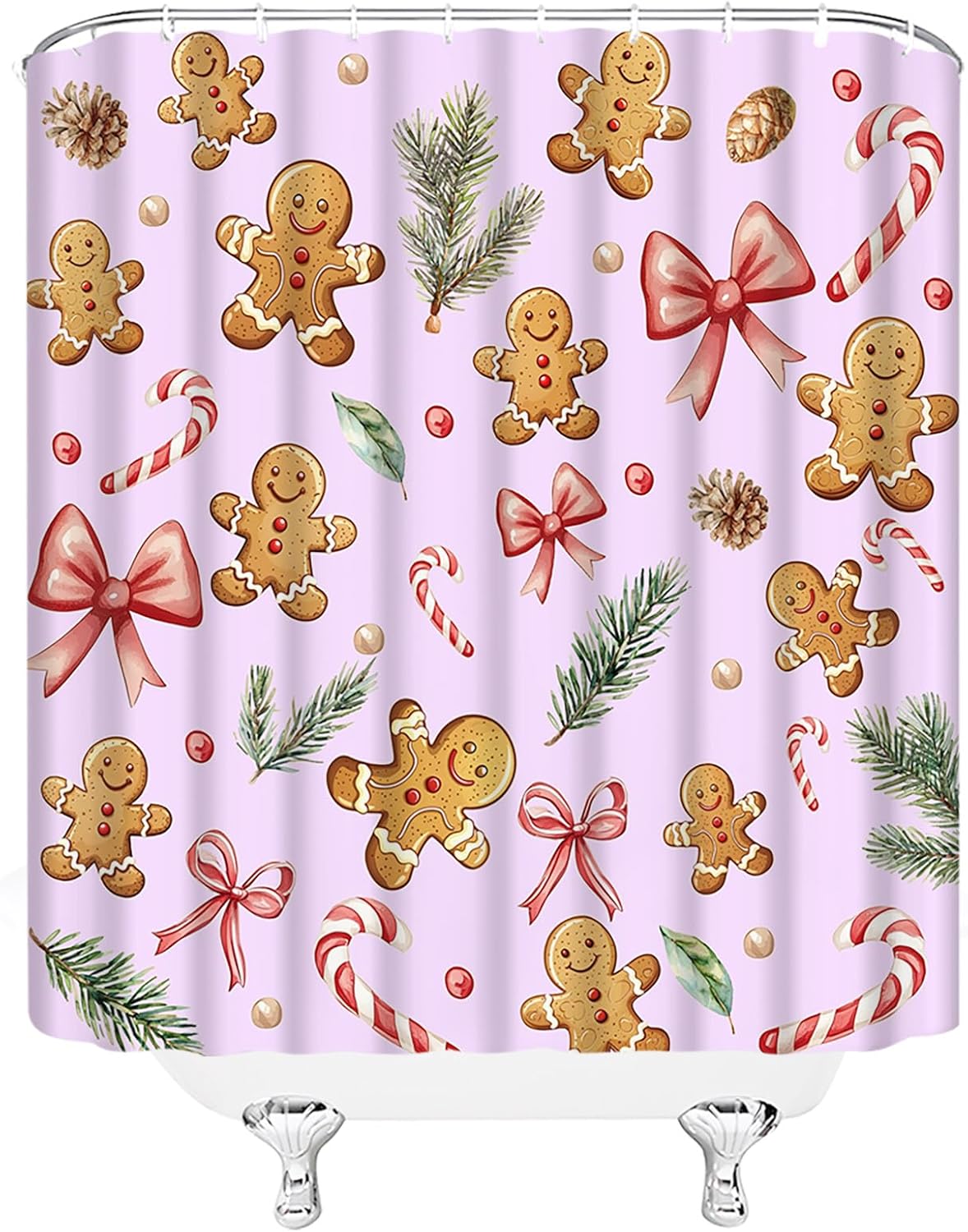Merry Christmas Shower Curtain Cookies Man Candy Cane Pink Bow Winter Xmas Holiday Happy New Year Bathroom Curtain Fabric with Hooks(90" Wx70 H)