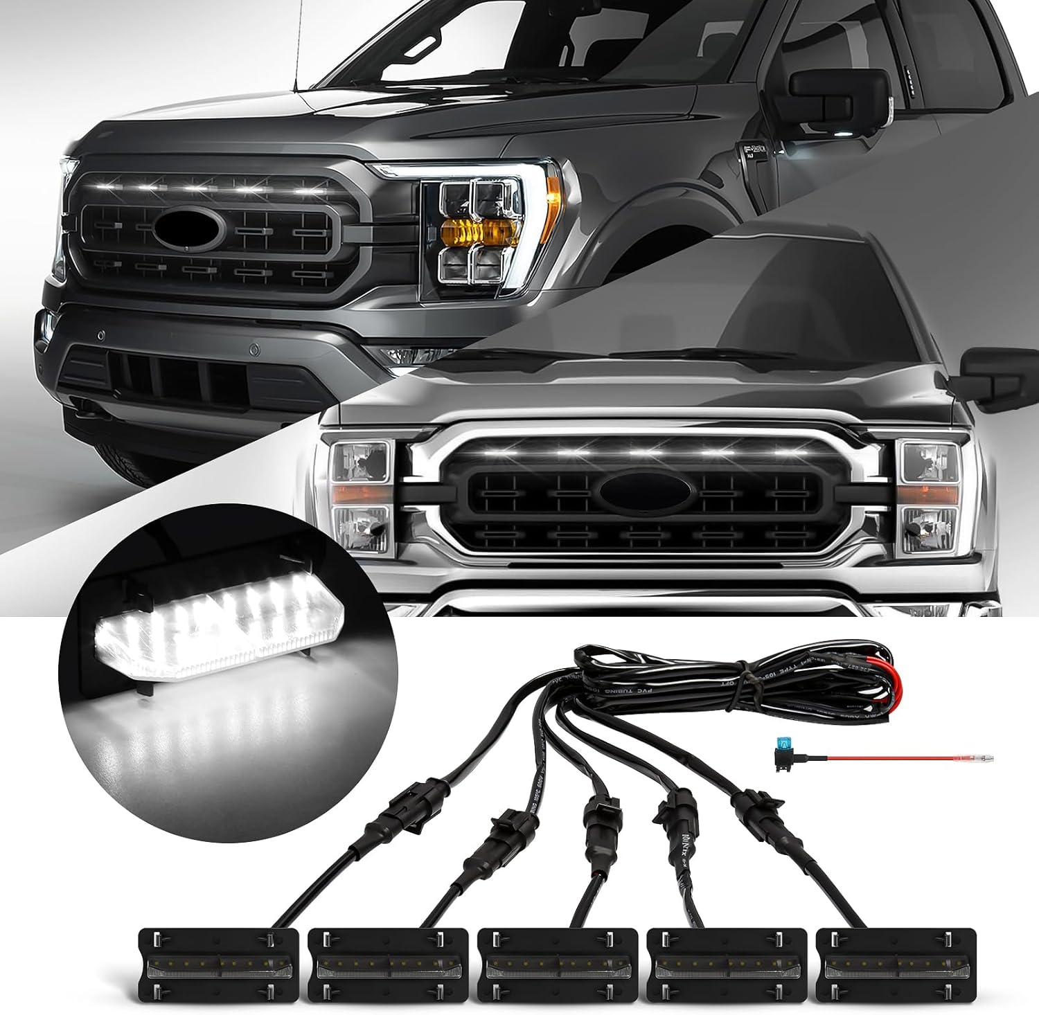 5 Pcs Led Grill Lights Compatible with 2021 2022 2023 F150 XL/XLT/XLT Sport - LED Front Grille Lights Accessories with Fuse & Harness (White)