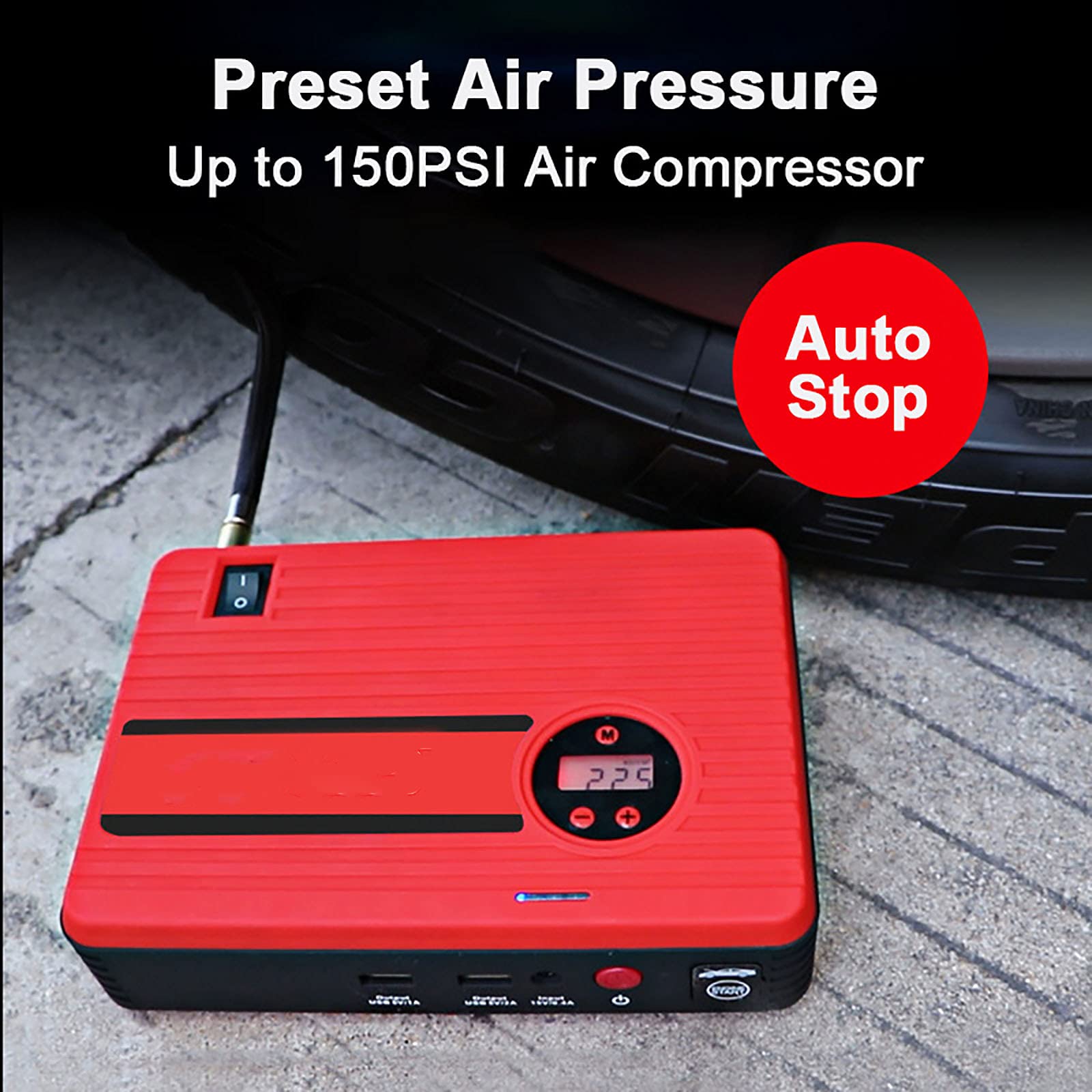 Avviatore di Emergenza per Auto 4 in 1, Pompa da 28000 mAh, compressore d'Aria, Power Bank, Booster per Batteria per Auto da 12 V, gonfiatore Digitale per Pneumatici da 150 PSI