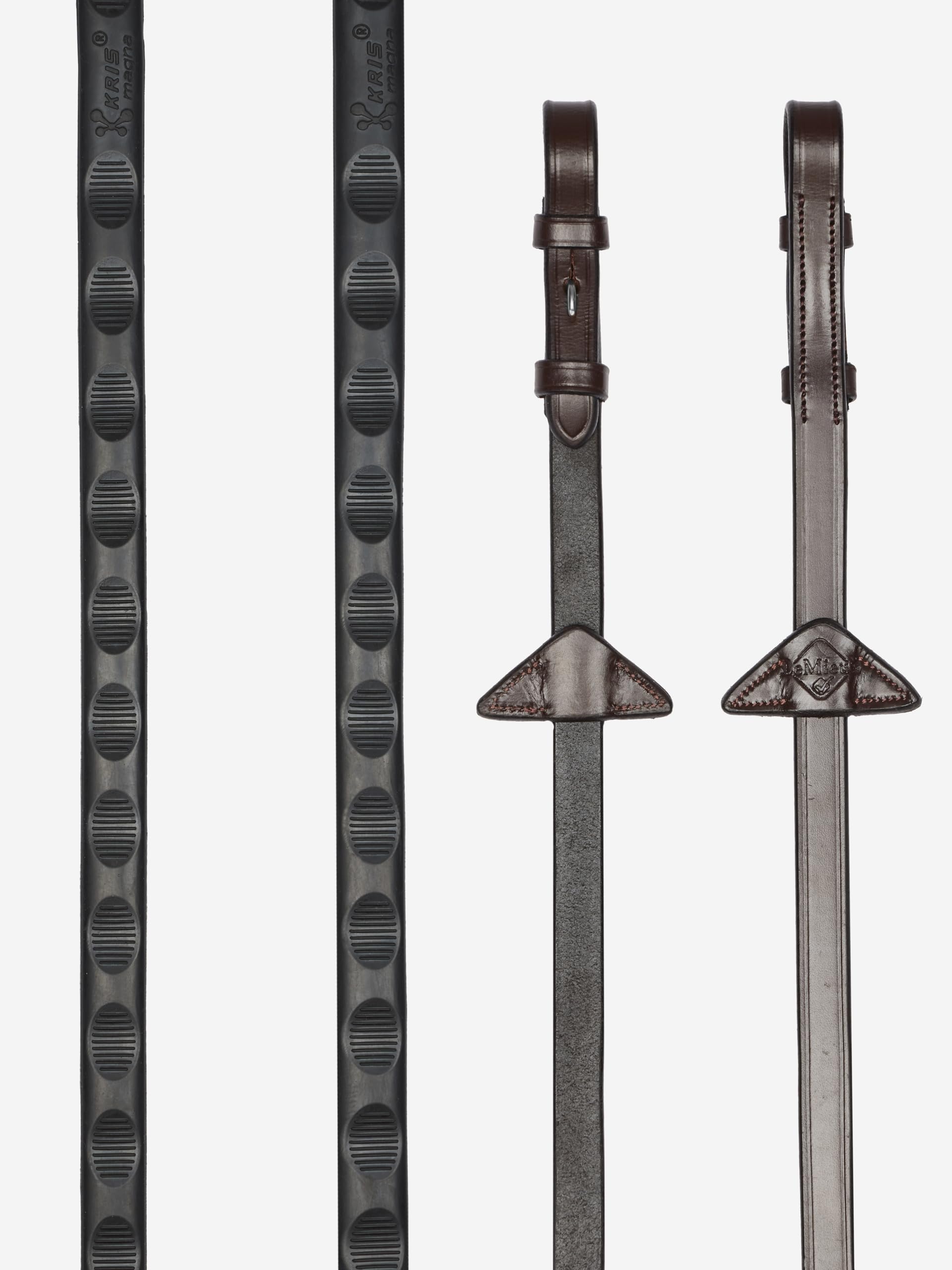 LeMieux Magna Grip Rubber Reins - Textured Thumb Shape Grip - Martingale Stoppers - Havana/Brass - Full โ image 1