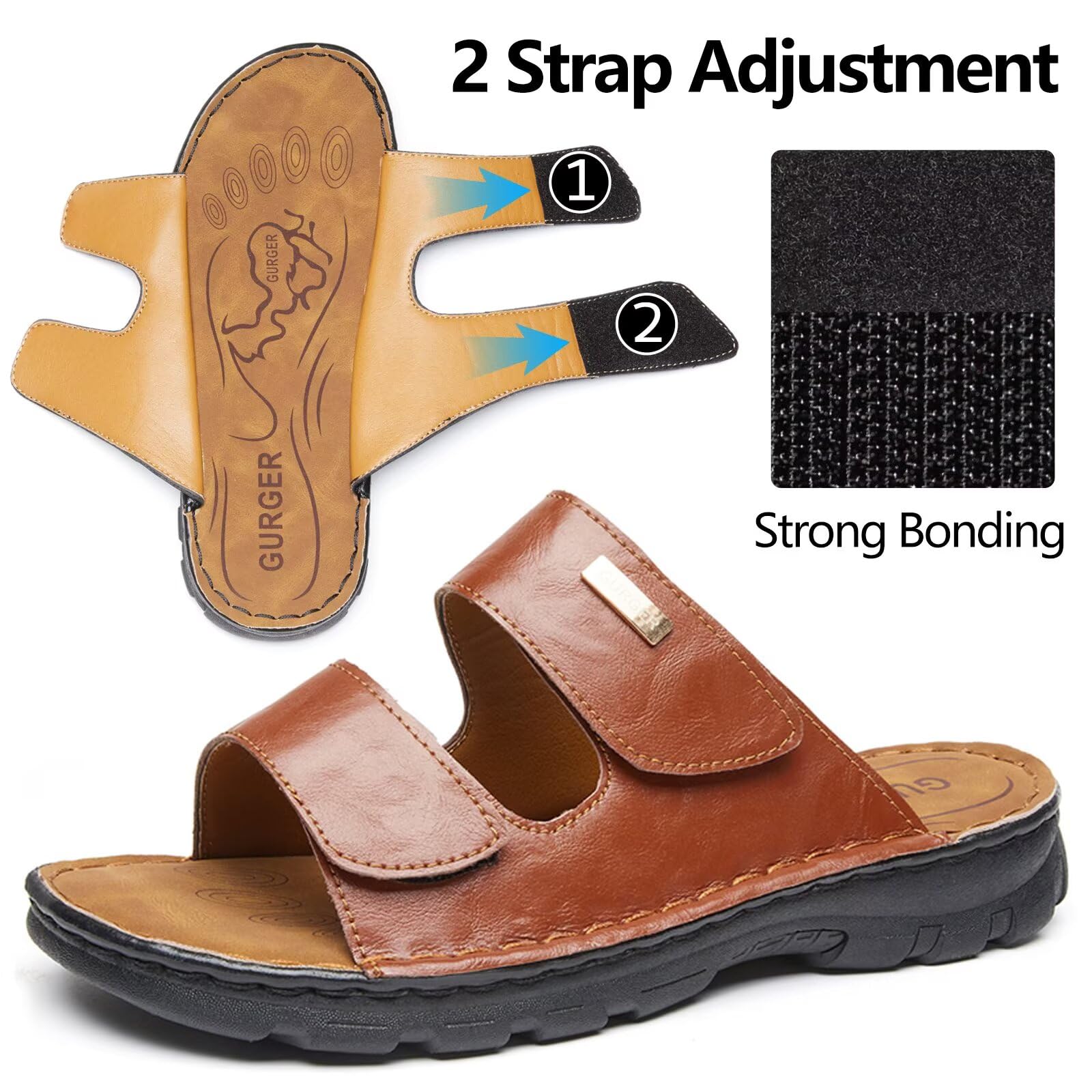 Herren Pantoletten aus Leder mit Klettverschluss, Bequeme Herren Sandalen mit Verstellbarem Riemen, Rutschfester Sohle, Komfort Sommerschuhe für Alltag & Freizeit
