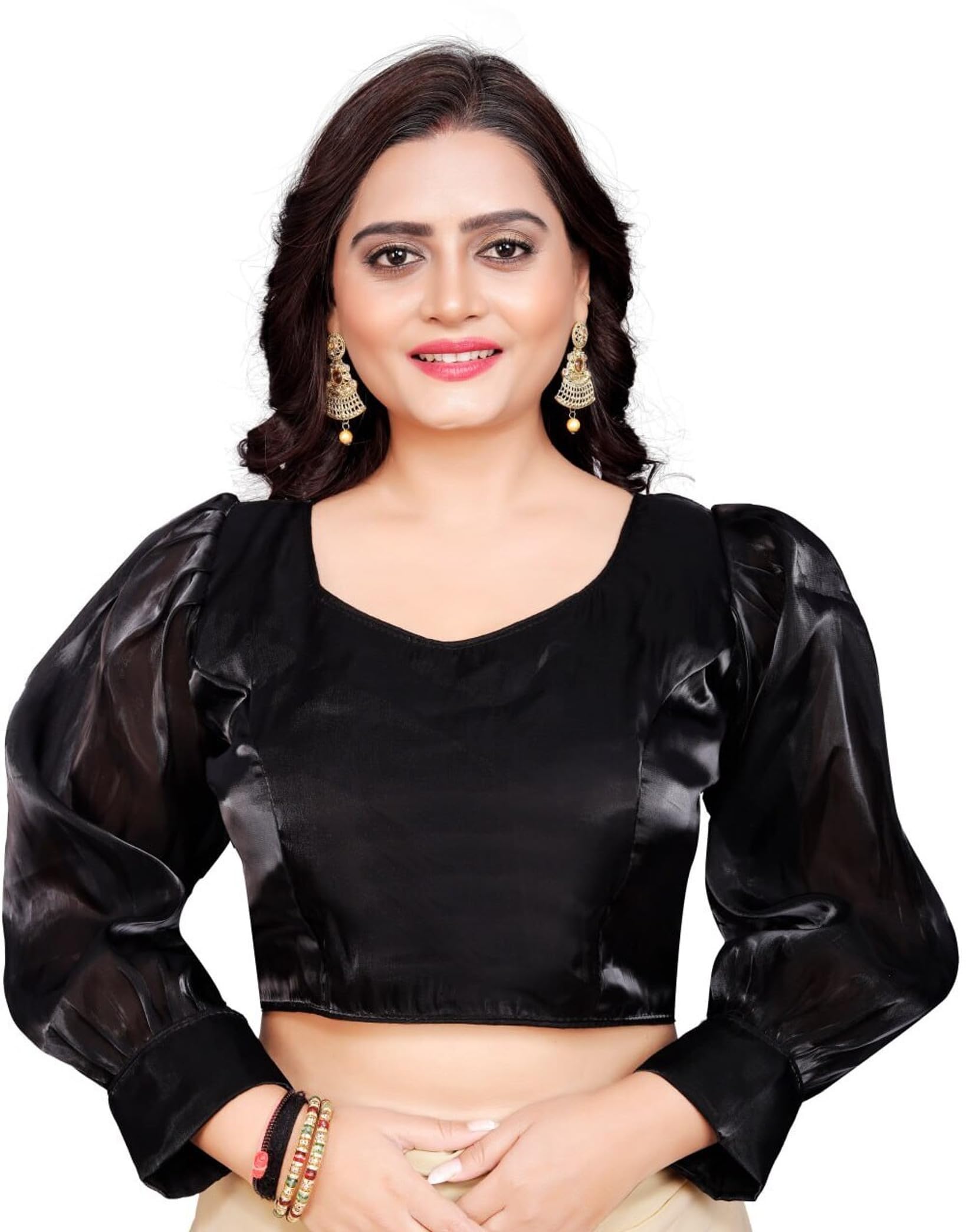 Women's Readymade Padded Blouse in Premium Zimmi Chho Organza | Metallic Shine Fabric | Long Puff Sleeves | Back Hook Design | Stylish for Saree-picture-26
