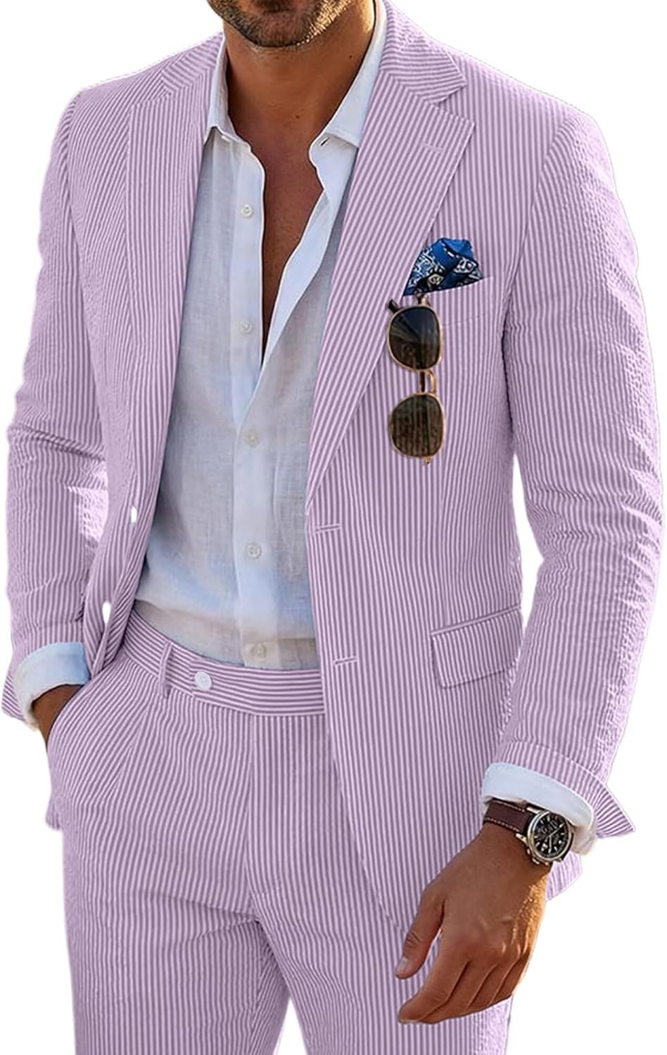 Seersucker Mens Suit 2 Piece Slim Fit Stripe Suits Tuxedo Blazer Jackets Pants Set Summer Beach Wedding Outfit for Men