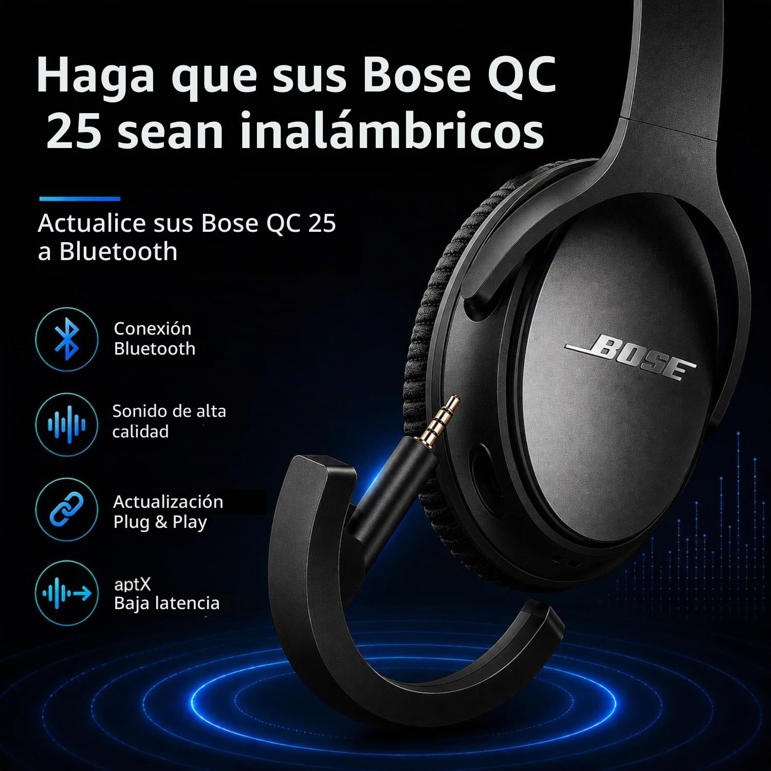 Adaptador Bluetooth inalámbrico para Bose QuietComfort 25, color negro | Adaptador de audio inalámbrico para auriculares Bose QC 25 con aptX, micrófono, control de volumen