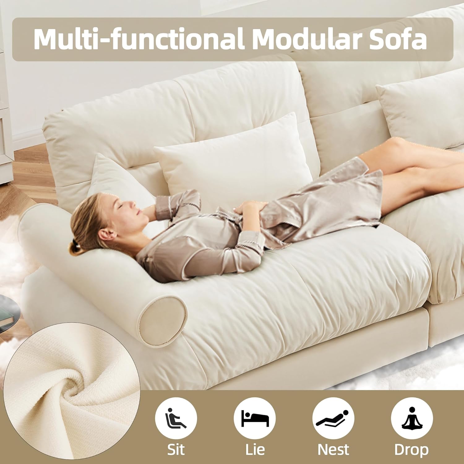 Modular Sectional Sofa Oversized Sectional Couch, 130" L Shaped Couch Modern Deep Seat Couches for Living Room, Comfy Velvet Cloud Sofa with Ottoman, 3 Seater Sofas for Bedroom Apartment, Cream