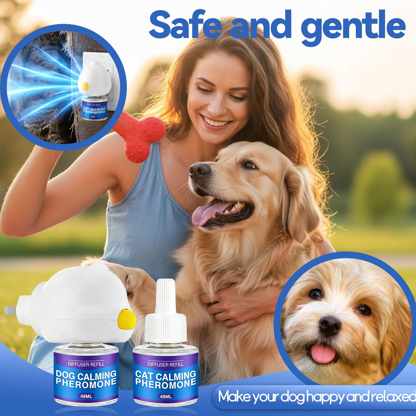 Feromonas para Perros Relajantes,Antiestrés para Perros,Calmante Perros,Reduce Ladridos/Mordiscos,Adopción - 1 Difusor+2 Recambio 48ML