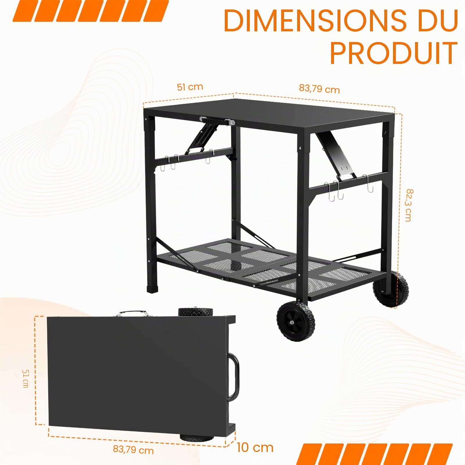 KHAMAL Chariot de barbecue pliable - Table de four à pizza portable avec roues - Table mobile pour l'extérieur, le barbecue, l'intérieur, la cuisine