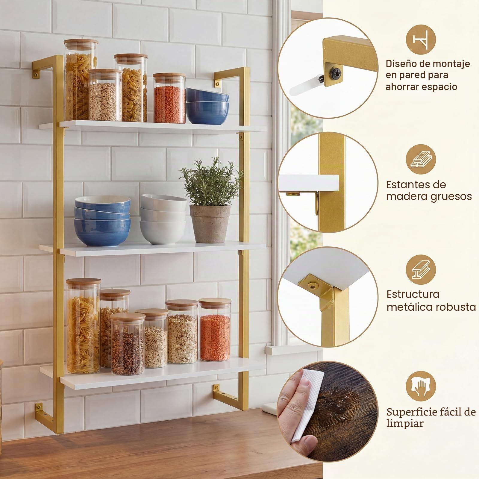 KOMFOTTEU Estantería de Pared de 3 Niveles, Estante de Almacenamiento Suspendido con Estructura Metálica, Mueble Organizador para Oficina, Cocina, Salón, 53 x 23 x 90 cm (Dorado y Blanco)