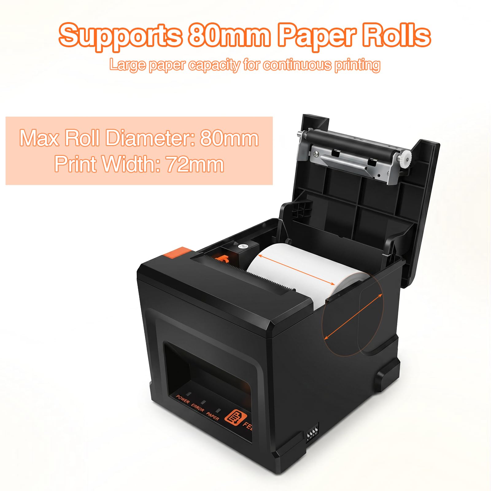 Imprimante thermique 300 mm/s 80 mm POS avec 6 rouleaux de papier, USB & BT, tiroir de caisse automatique Windows/Mac/Linux