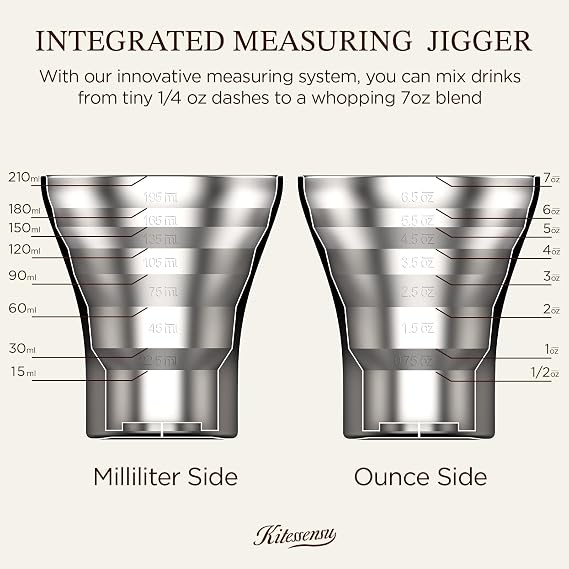 Kitessensu Hybrid Cocktail Shaker | Vacuum Insulated Stainless Steel Martini Shaker with Double Wall Martini Cup | Integrated Measuring System | Tumbler Lid & Cocktail Recipes Included | Crown