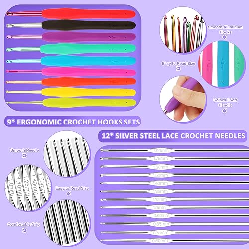 Miniatura 2 de Aeelike Kit de ganchillo para principiantes profesionales, kit de inicio de ganchillo todo para adultos y niños, kit de ganchillo de 68 piezas