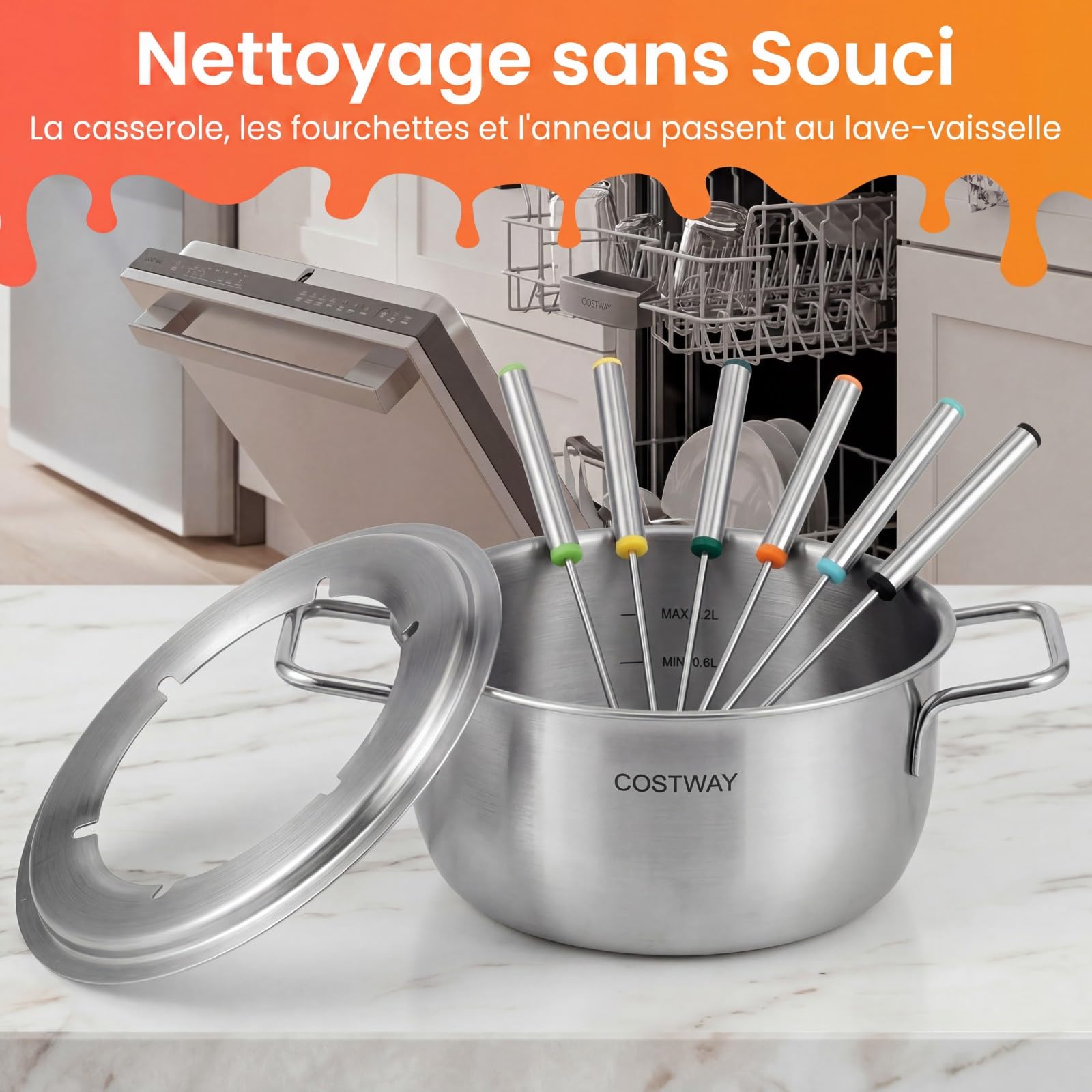 COSTWAY Appareil à Fondue Électrique 2,3L, 1200W, Service à Fondue en Acier Inoxydable, 6 Fourchettes Incluses, Thermostat Réglable, Compatible Lave-Vaisselle, pour Chocolat, Fromage