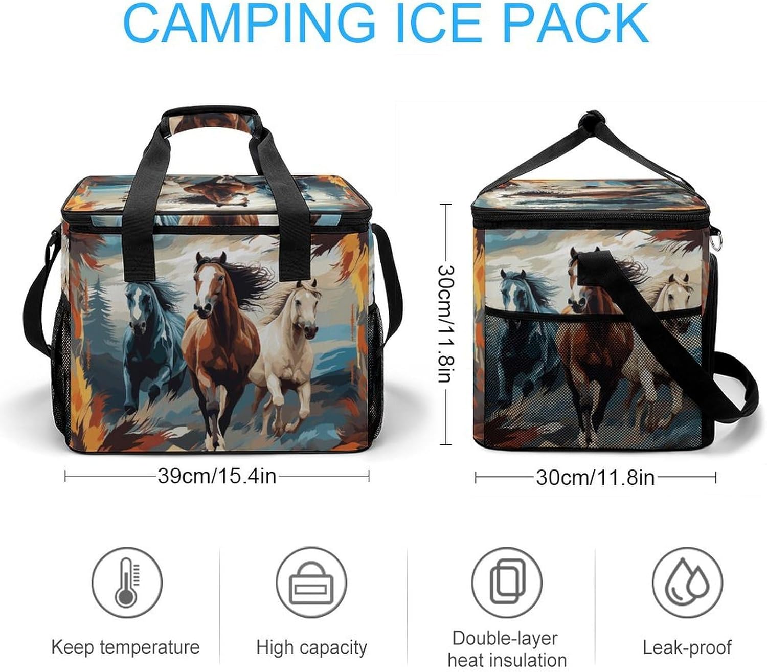 Insulated Picnic Backpack Tote Bag, Large Capacity 30L A Pattern with Horses As A Background Cooler Bag Leakproof Beach Bags Portable Lunch Box Waterproof Picnic Basket for Beach Camping BBQ