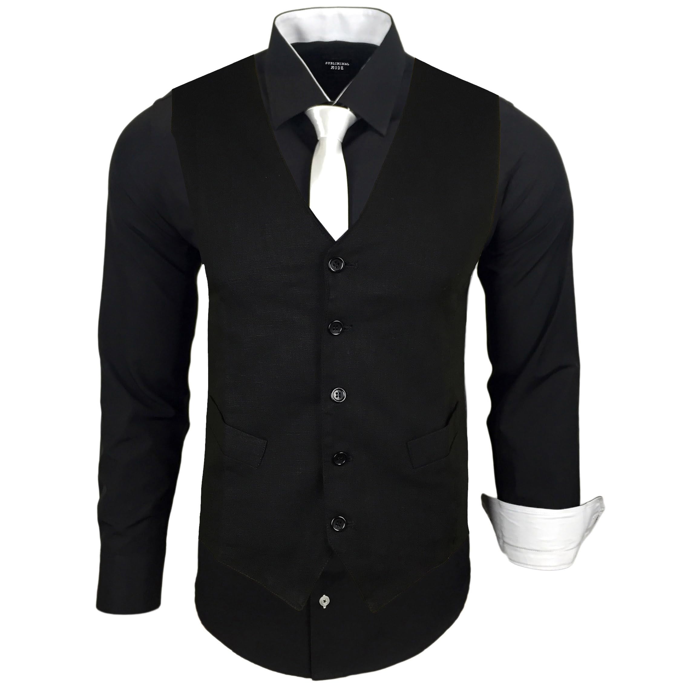 Subliminal Mode - Gilet + camicia + cravatta da uomo con colletto bicolore tinta unita manica lunga vestibilità business stiratura facile RN33, Nero , S