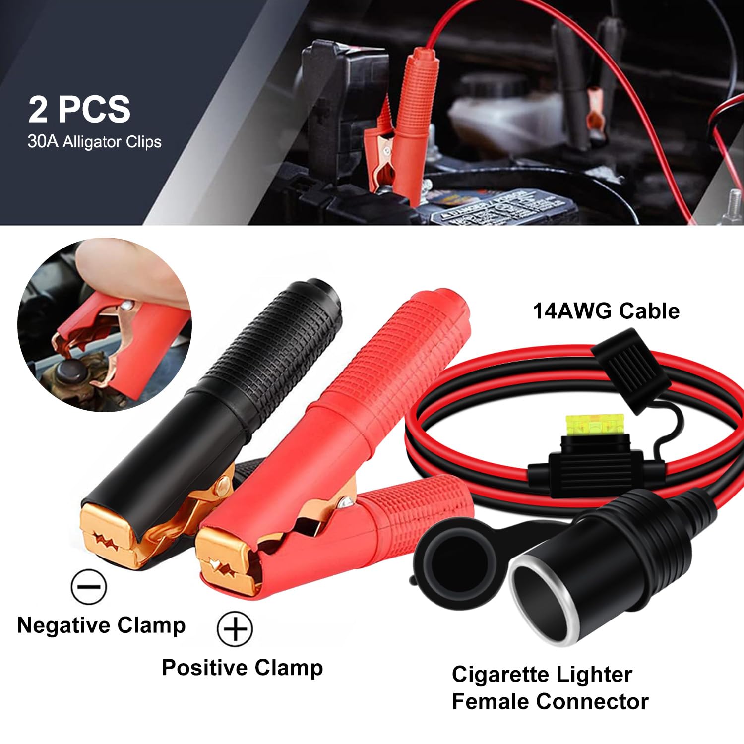 Adapter do Gniazda Zapalniczki Samochodow z Zaciskiem，14AWG 20A12/24V Adapter z Zapalniczki Samochodowej na Zacisk Krokodylowy z zabezpieczeniem do Samochodu, łodzi i Motocykla (1 m)