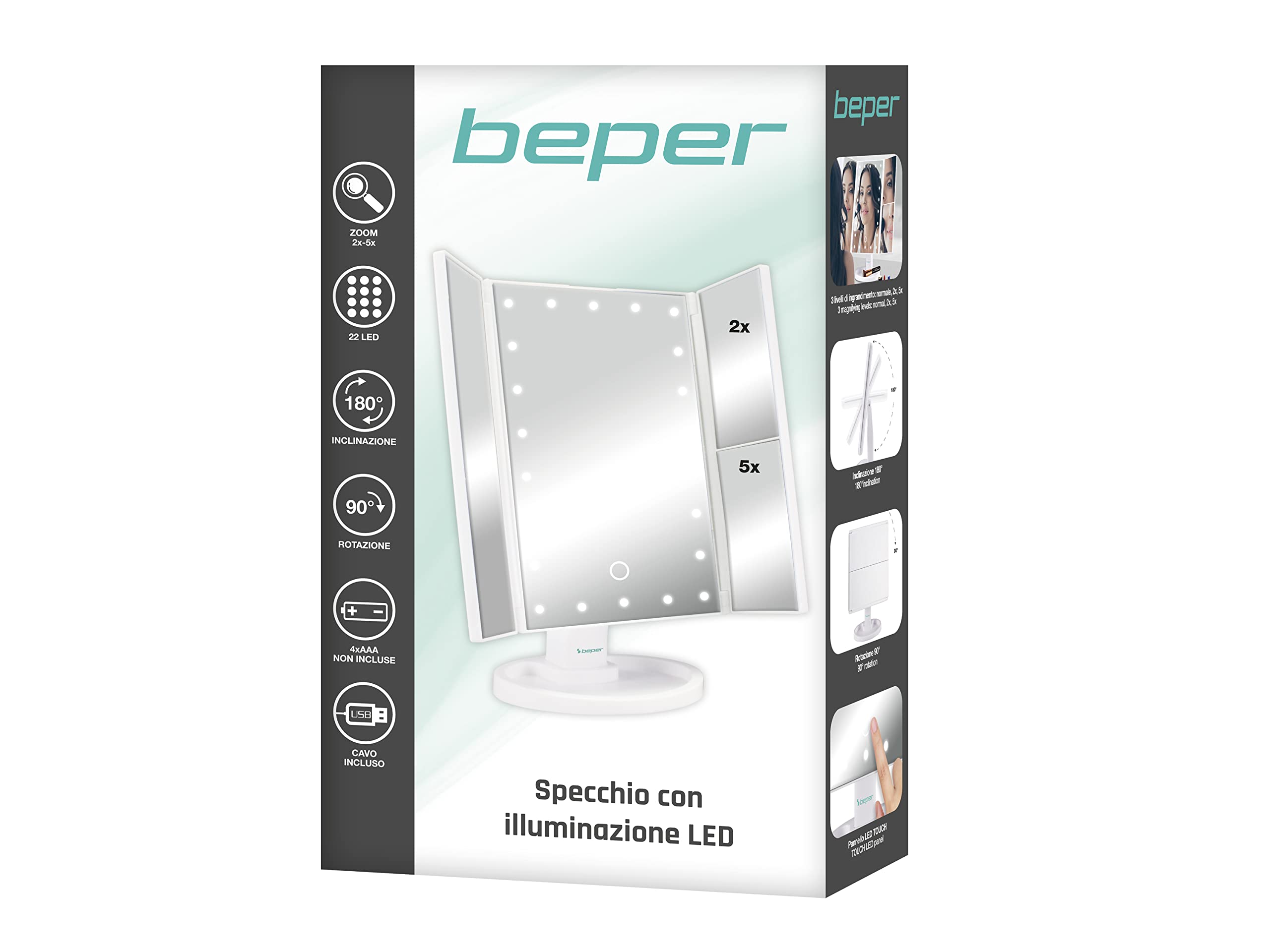 BEPER P302VIS050 Specchio con Luci, Ingranditore 1x / 2x / 5x - Make-Up per Postazione Trucco, 35x24 cm