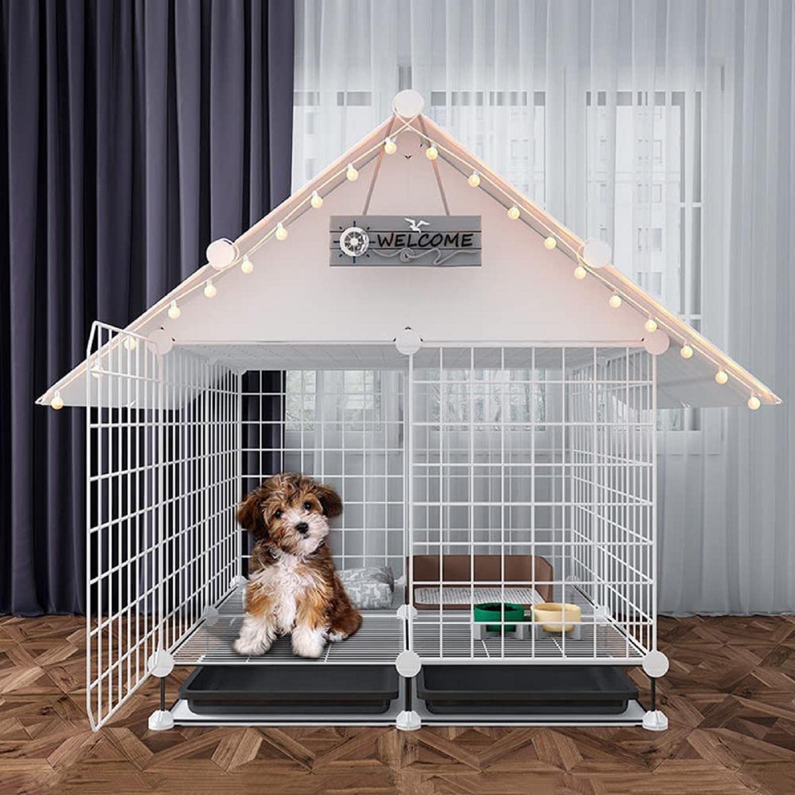 QTQHOME Metal Dog Kennel Indoorr,Indestructible Heavy Duty Dog Crate Pet Dog House，Chew Proof Laula para Perros，with Pull-Out Tray & Bottom Moving Wheel Design dog cage，for Medium & Small Dogs Kennel