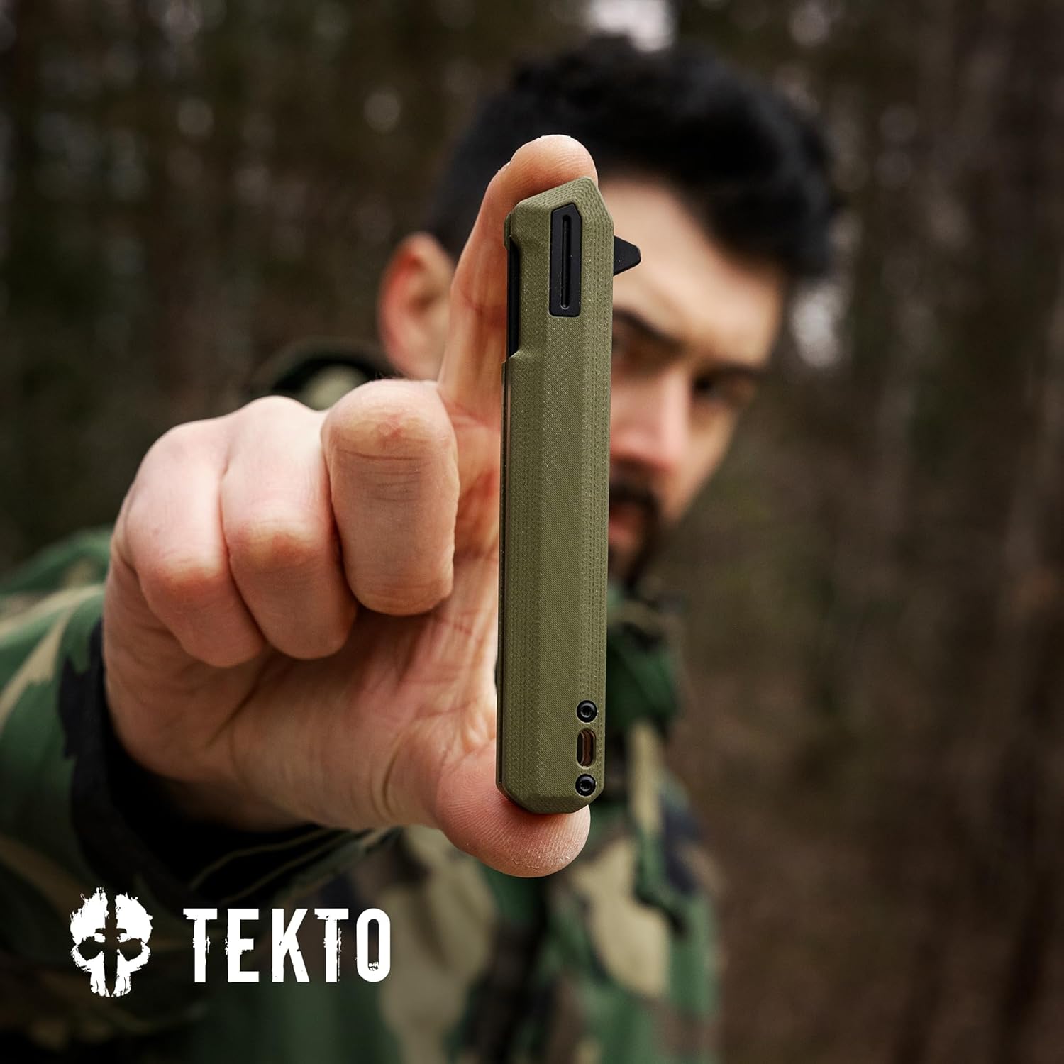 TEKTO F2 Bravo Folding Pocket Knife - D2 Steel Blade, Ceramic Ball Bearings - EDC - Snap, Swift Flip for Camping, Backpacking - 2.4oz (68g), G10 OD Green Handle, Black Titanium Accents