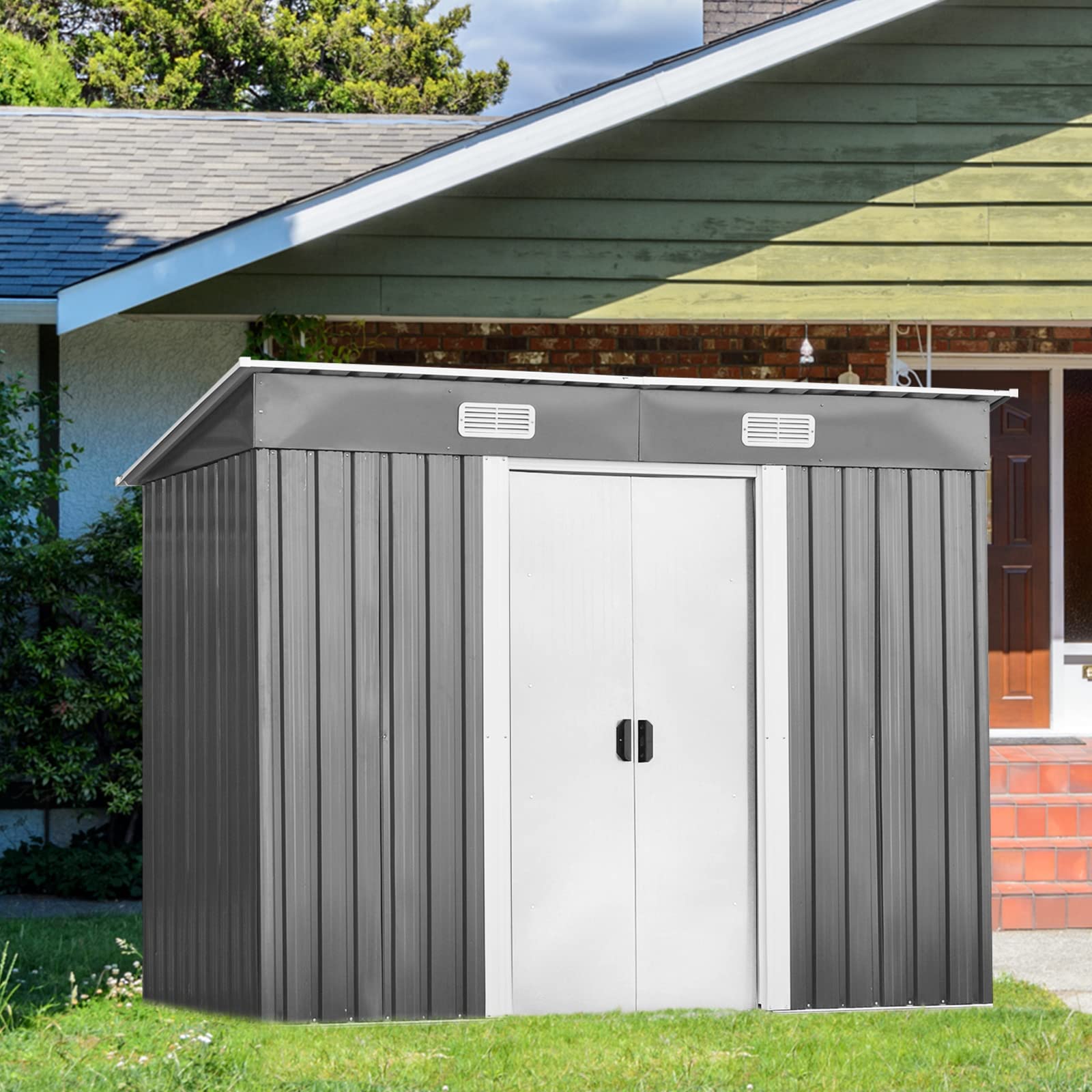 RELAX4LIFE Casetta da Giardino 3,12 m² 5 m³, in Lamiera d'Acciaio e e Lamiera Zincata con2 Porte Scorrevoli, Tetto Inclinato, per Porta Attrezzi, Tosaerba 238×131×160cm