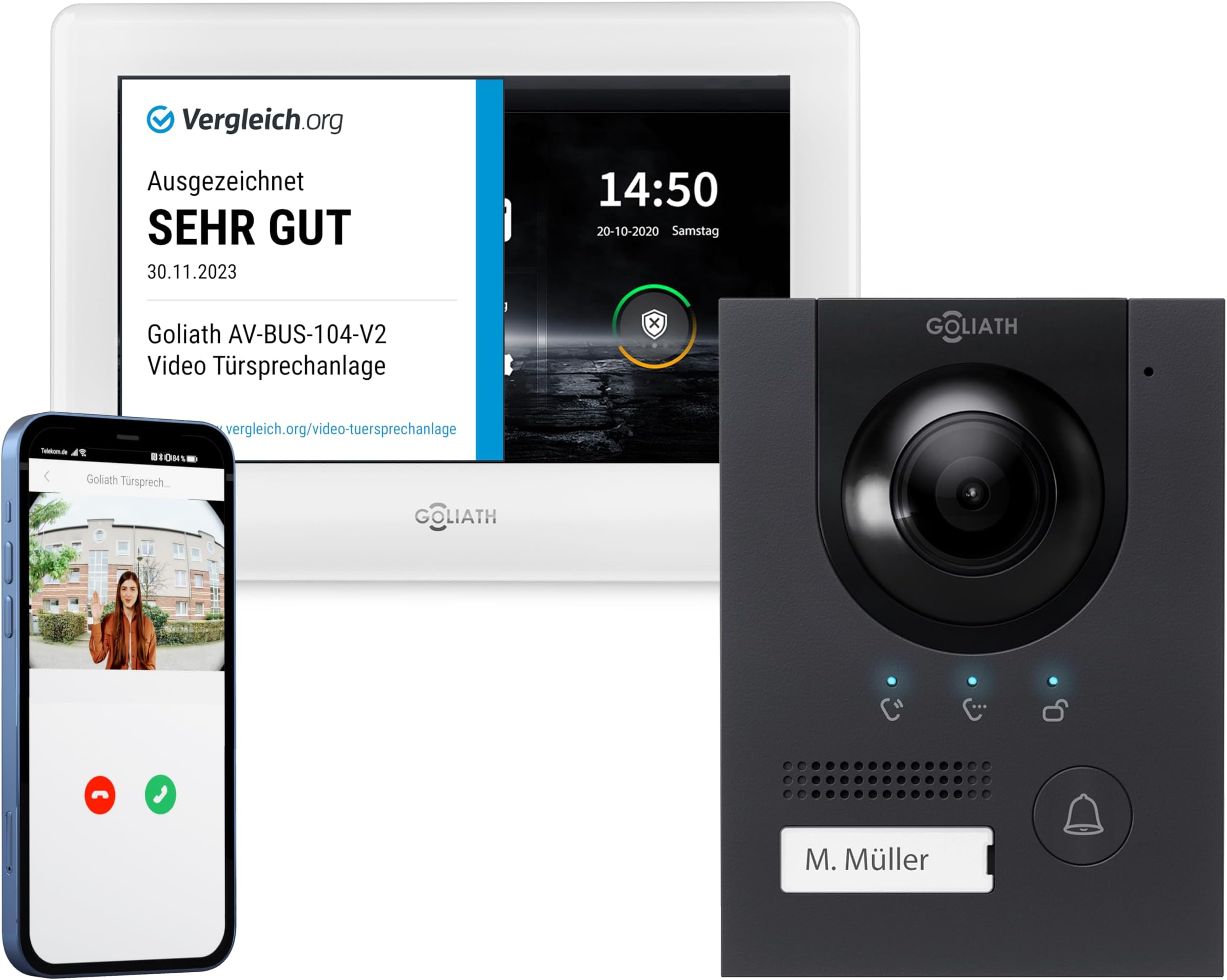 GOLIATH Basic Video Türsprechanlage, 2 Draht Bus, 7" Monitor, Unterputz Türklingel mit Kamera