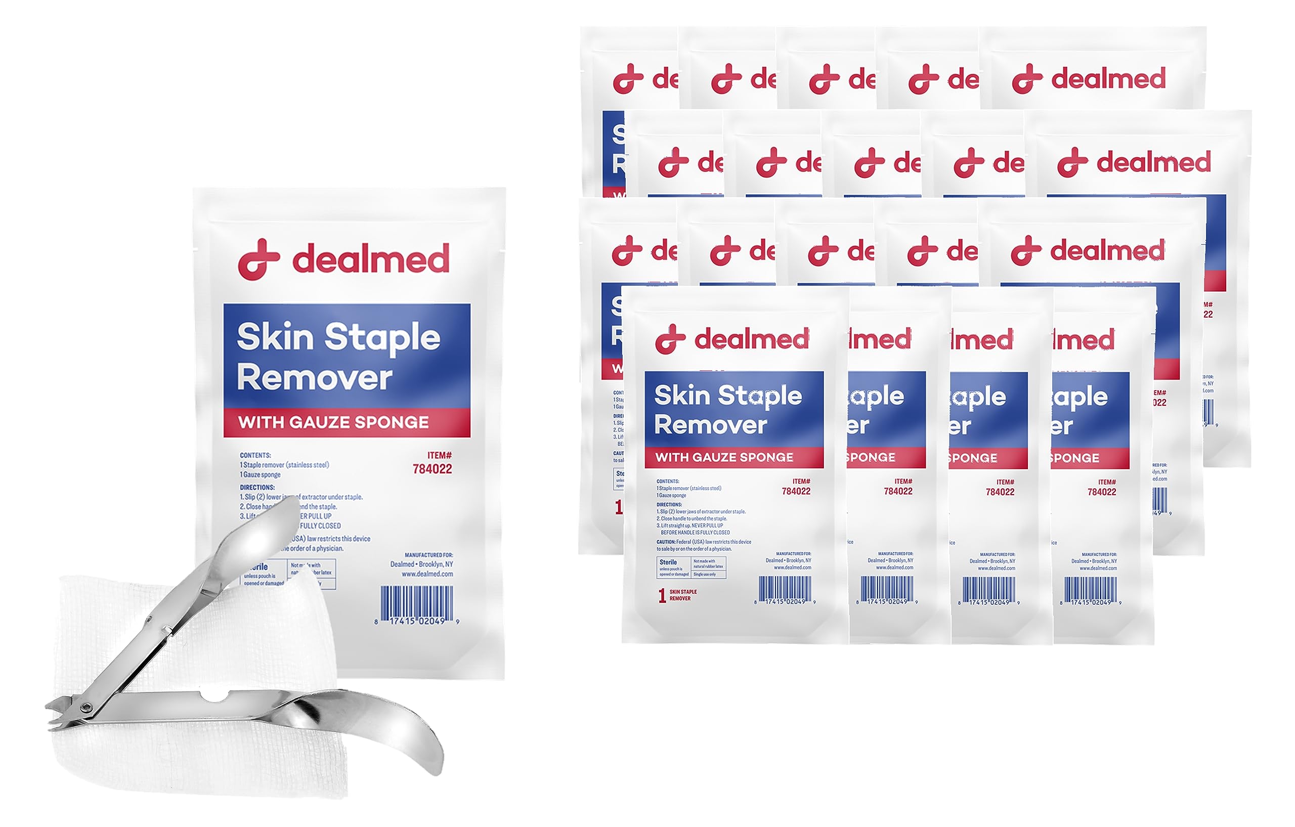 Dealmed Sterile Staple Removal Kit, Includes Staple Remover and Gauze Sponge, Staple Removal Tool Single-Use Kit, Ideal for Hospitals and Clinics (20 Kits)
