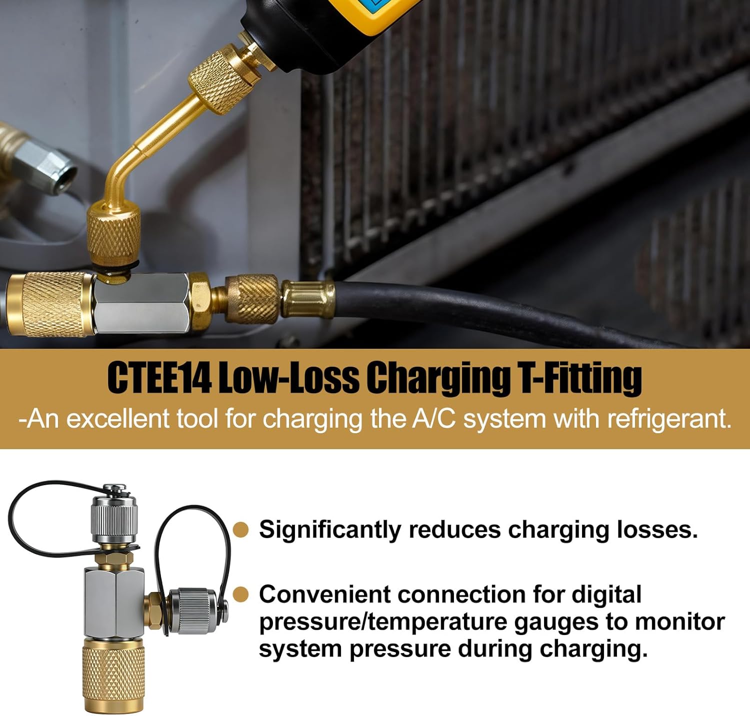 CTEE14 Low-Loss Charging T-Fitting Replacement 1/4in Flare Quickly Check Charging System Pressure for Precise Charging of A/C/Refrigeration Systems without Manifolds or Unnecessary Hoses
