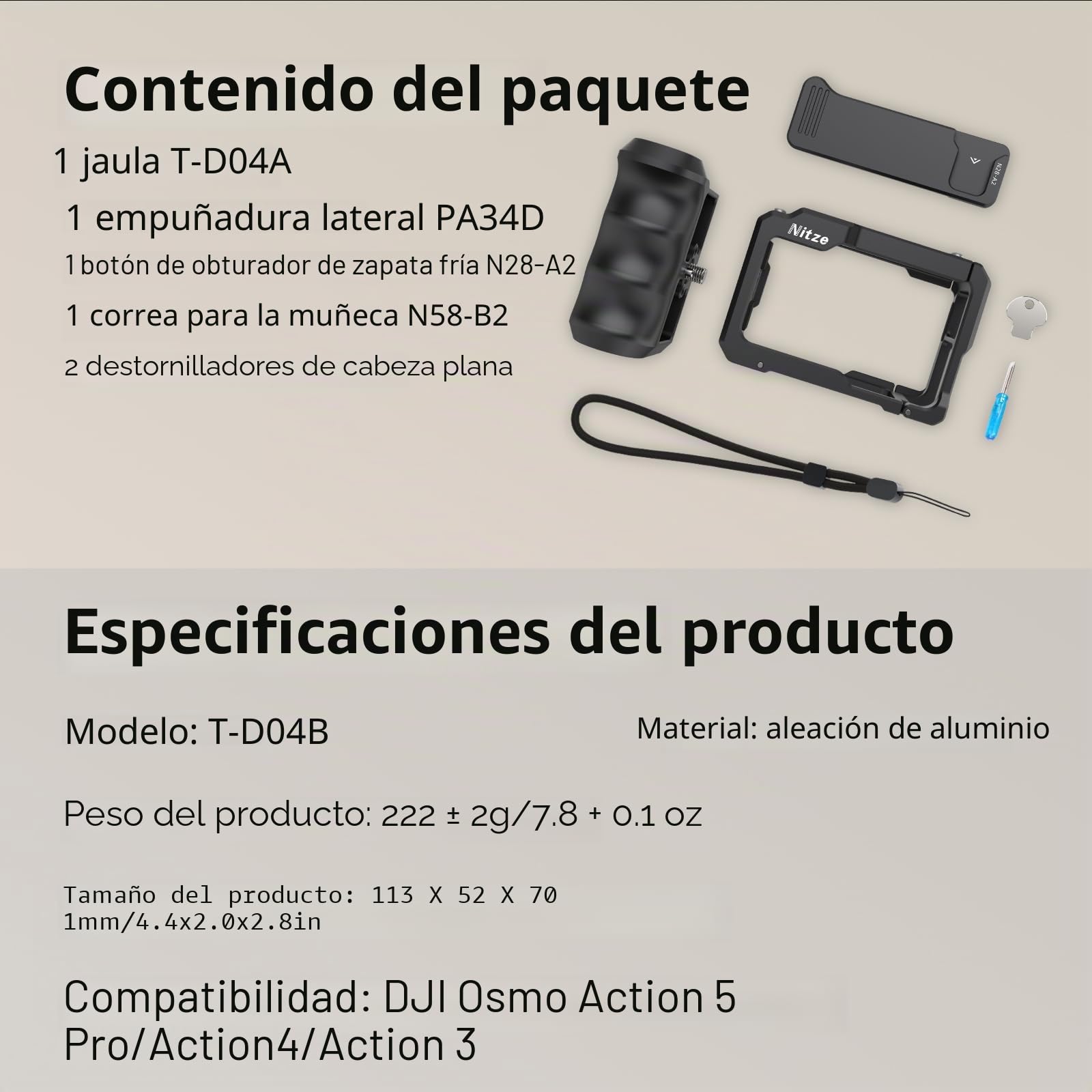 Nitze Kit de Jaula para dji Osmo Action 5 Pro/4/3, Kit Street Grip con Empuñadura Lateral Ergonómica, Cold Shoe Shutter Button, Orificio de Fijación de 1/4" para dji Mic, Trípodes - T-D04B