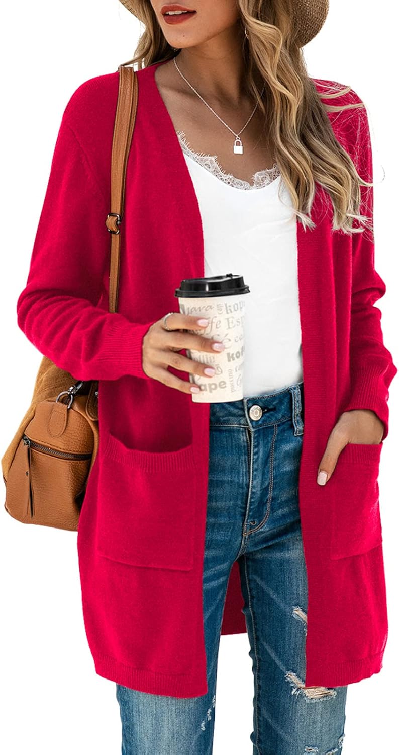 TASAMO Women's Kimono Cardigan Long Sleeve Open Front Casual Knit Sweaters Coat Oversized Soft Outwear with Pockets