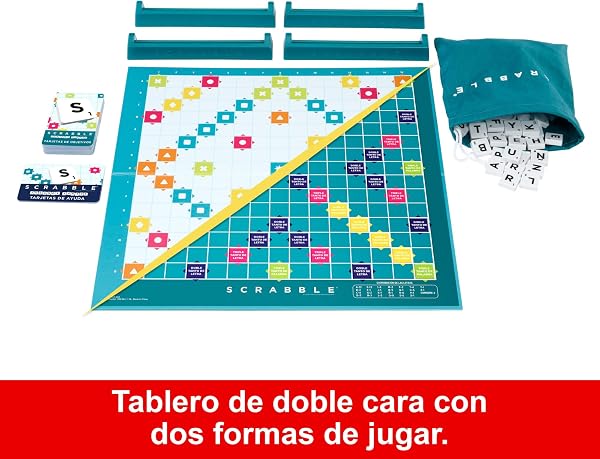 Mattel Games Scrabble 2 Juegos en 1 , juego de mesa familiar, palabras cruzadas, incluye tablero con 2 caras, 50 tarjetas con objetivos , 2-4 jugadores , +10 años, versión español (HXV99) - 5
