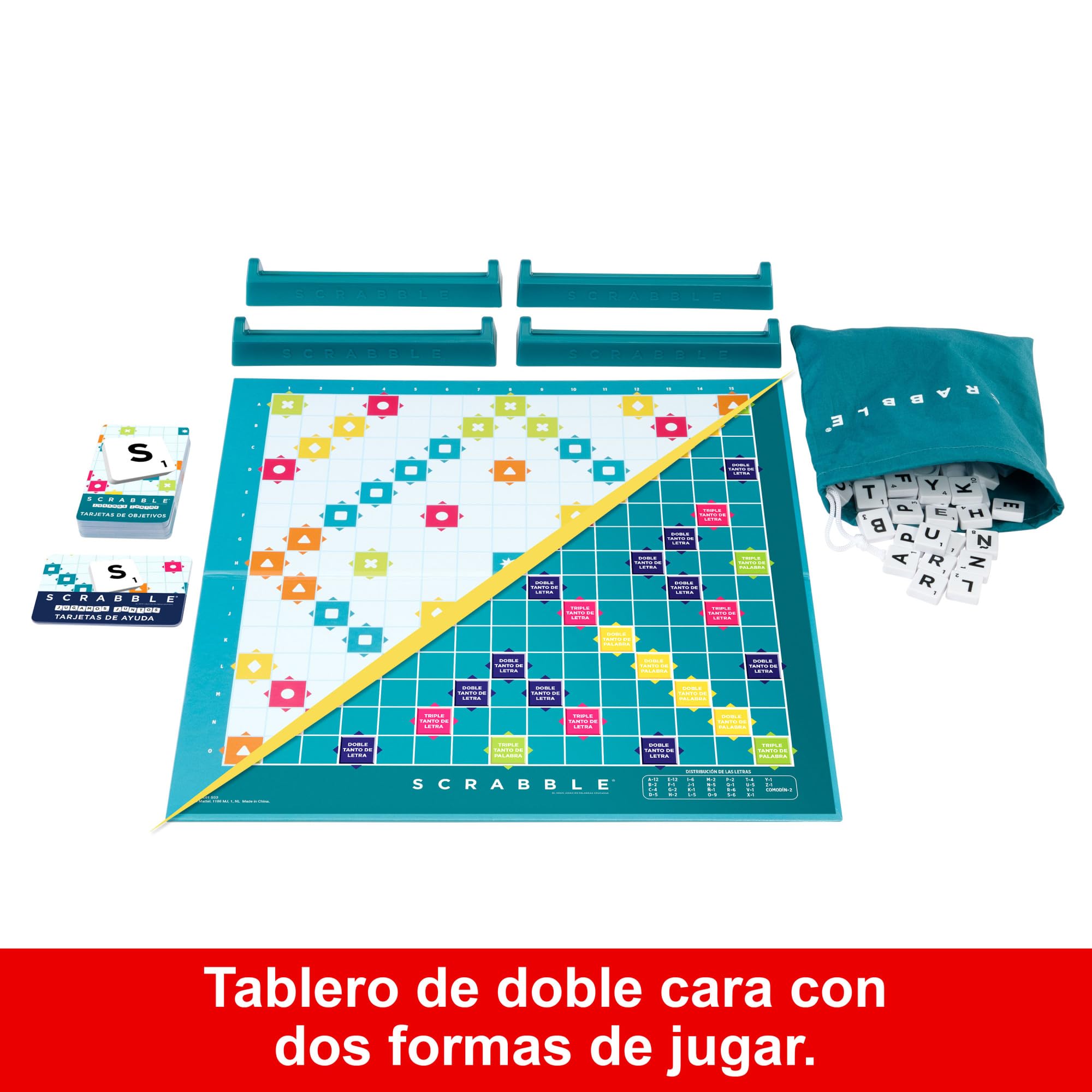 Mattel Games Scrabble 2 Juegos en 1 , juego de mesa familiar, palabras cruzadas, incluye tablero con 2 caras, 50 tarjetas con objetivos , 2-4 jugadores , +10 años, versión español (HXV99) - 5
