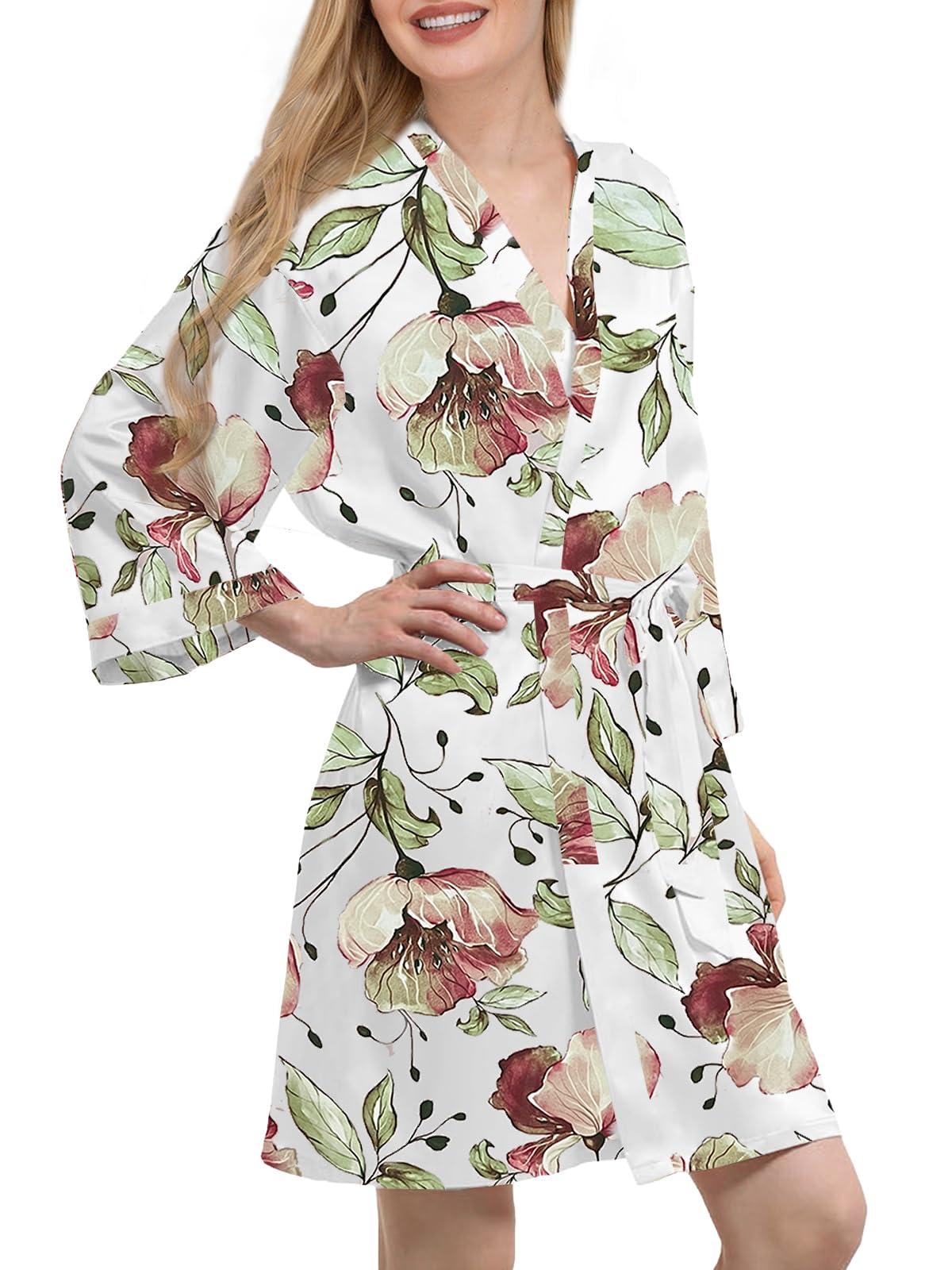 Womens Satin Kimono Robe Silk Robes Floral Bathrobe Bride Bridesmaid Wedding Silky Bridal Dressing Gown Loungewear