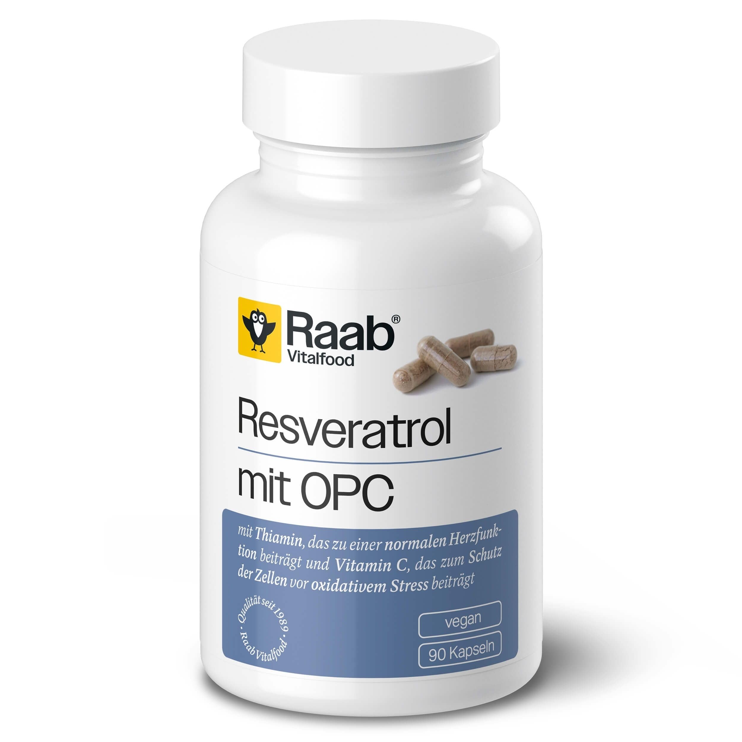 Raab Vitalfood® Resveratrol mit OPC Kapseln (90 Stück) - mit trans-Resveratrol, OPC-Extrakt, Thiamin, Piperin und Vitamin C aus der Acerolakirsche zum Schutz der Zellen vor oxidativem Stress