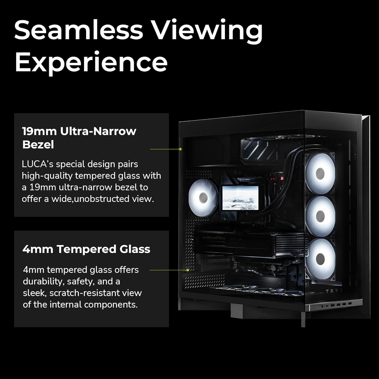 TRYX Luca L70 ATX PC Case Panoramic Glass with Front Panel ATX Case Dual Chamber High Modularity 6000-Series Anodized Aluminum Frame Computer Case 420mm Radiator Support USB 3.2 Type-C I/O Panel