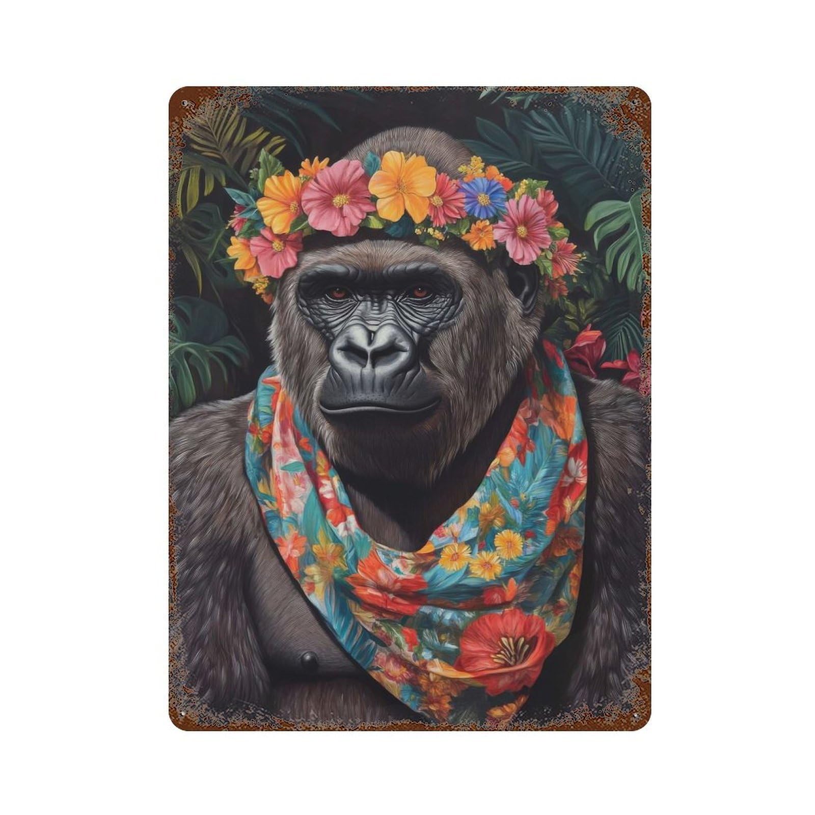 Retro Metal Sign with Gorilla in Floral Headband Design 15.7"x11.8", for Living Room, Hallway And Home Decor, Farmhouse Wall Decor
