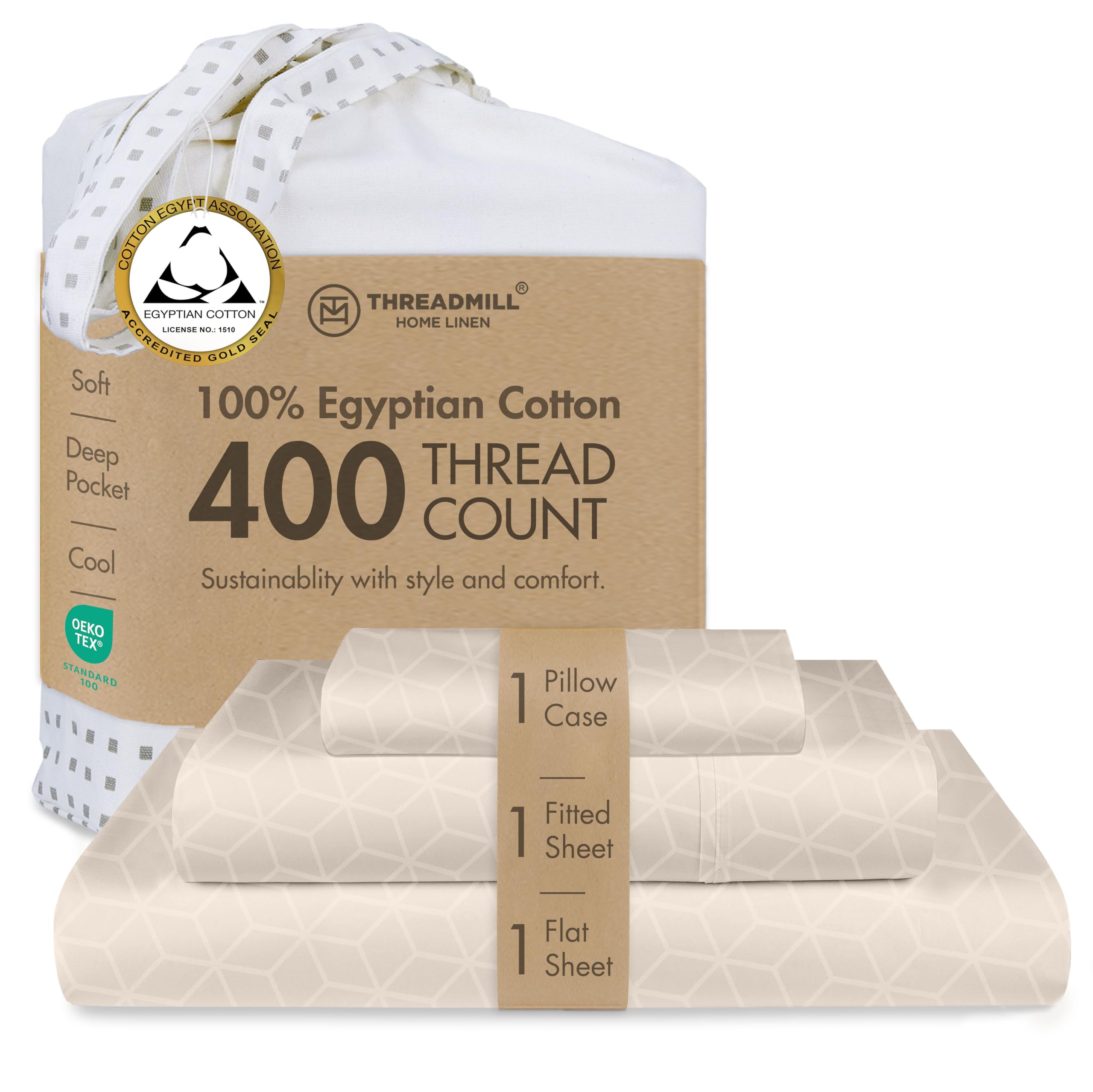 Threadmill Egyptian Cotton Twin XL Sheet Set | 100% Certified Egyptian Cotton Sheets for Twin XL Size Bed | Damask Jacquard Twin XL Bed Sheets Deep