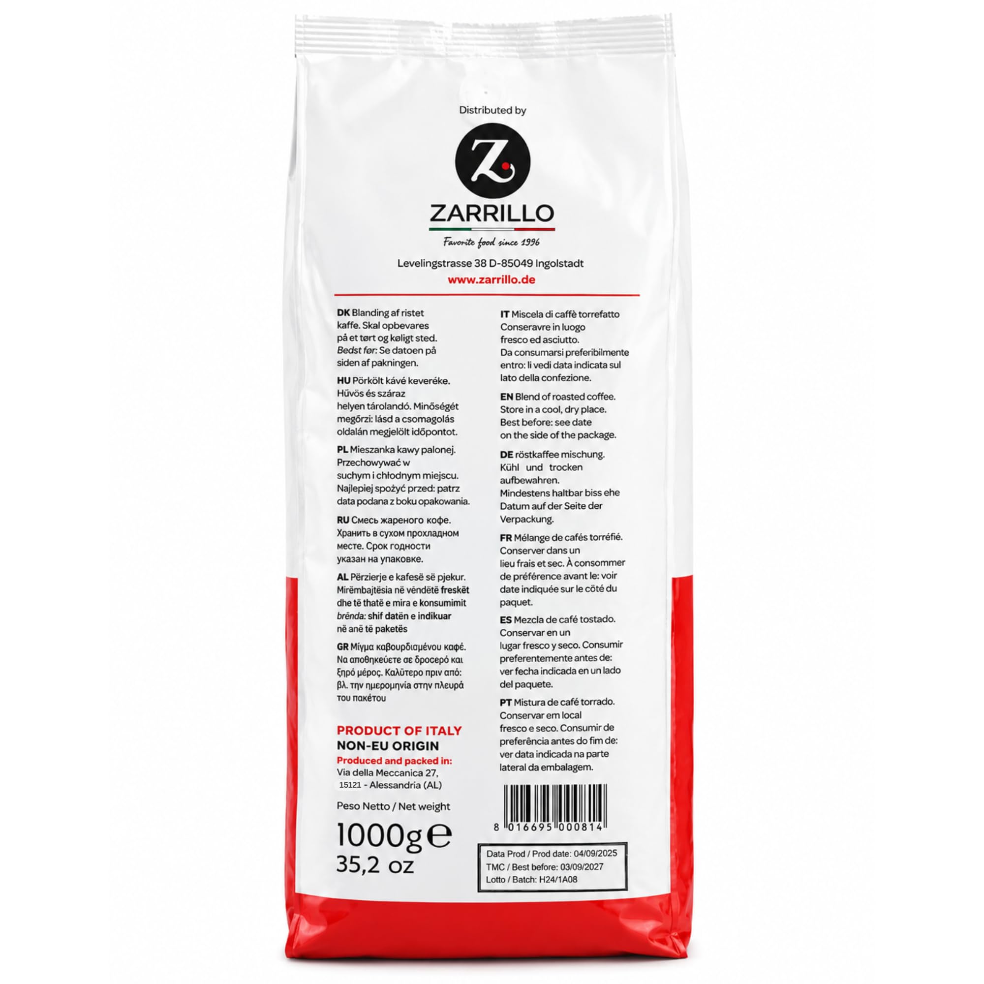 ZARRILLO Italienische Espresso Kaffeebohnen, Arabica und Robusta, für Vollautomaten & Siebträgermaschinen, Kräftige Crema, Mittlere Röstung (1 kg (6er Pack))