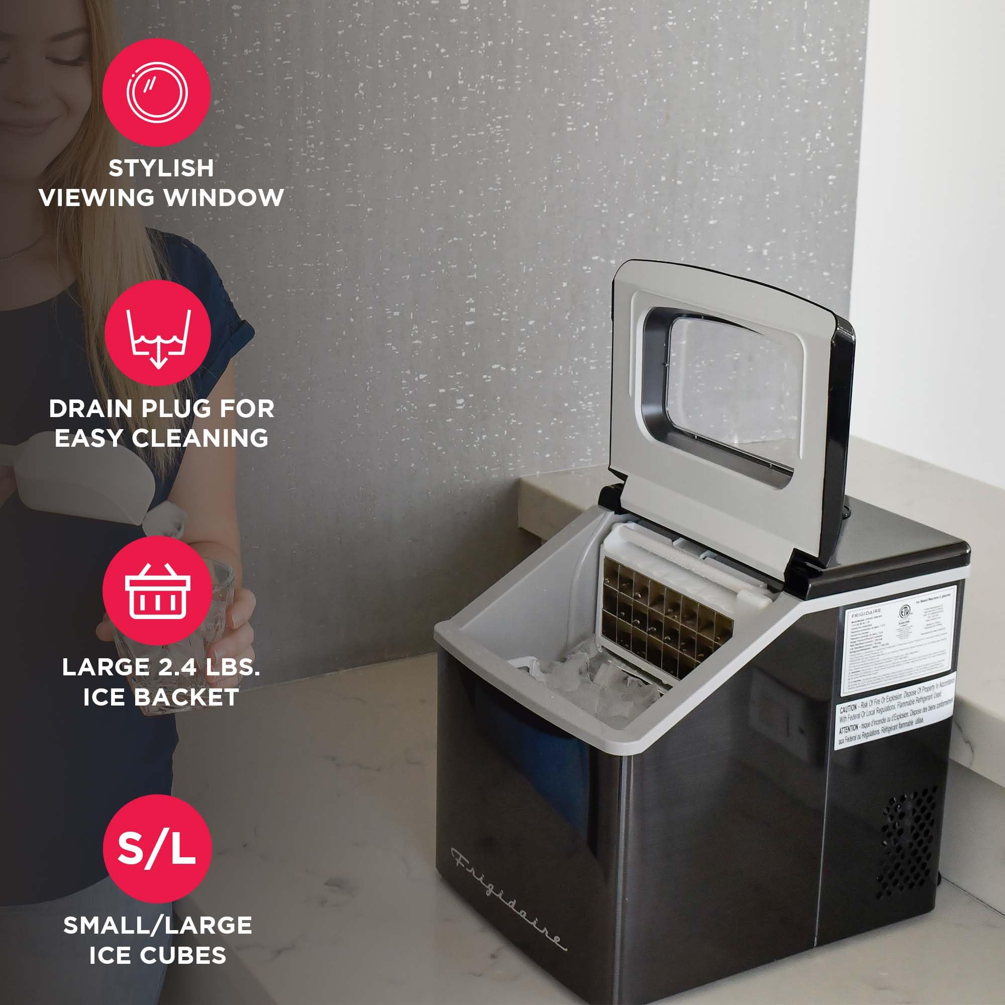 Frigidaire Ice Maker EFIC452, Countertop Stainless Steel Ice Maker with Transparent Window, Clear Ice Cube Maker with 40 lbs. Capacity, Ice Maker Machine – 14.8" D x 11" W x 14.1" H (Black) view 4