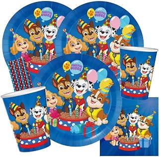 Juego de fiesta de la Patrulla Canina, 36 piezas, platos de papel, vasos, servilletas + 8 pajitas de papel para cumpleaños infantiles