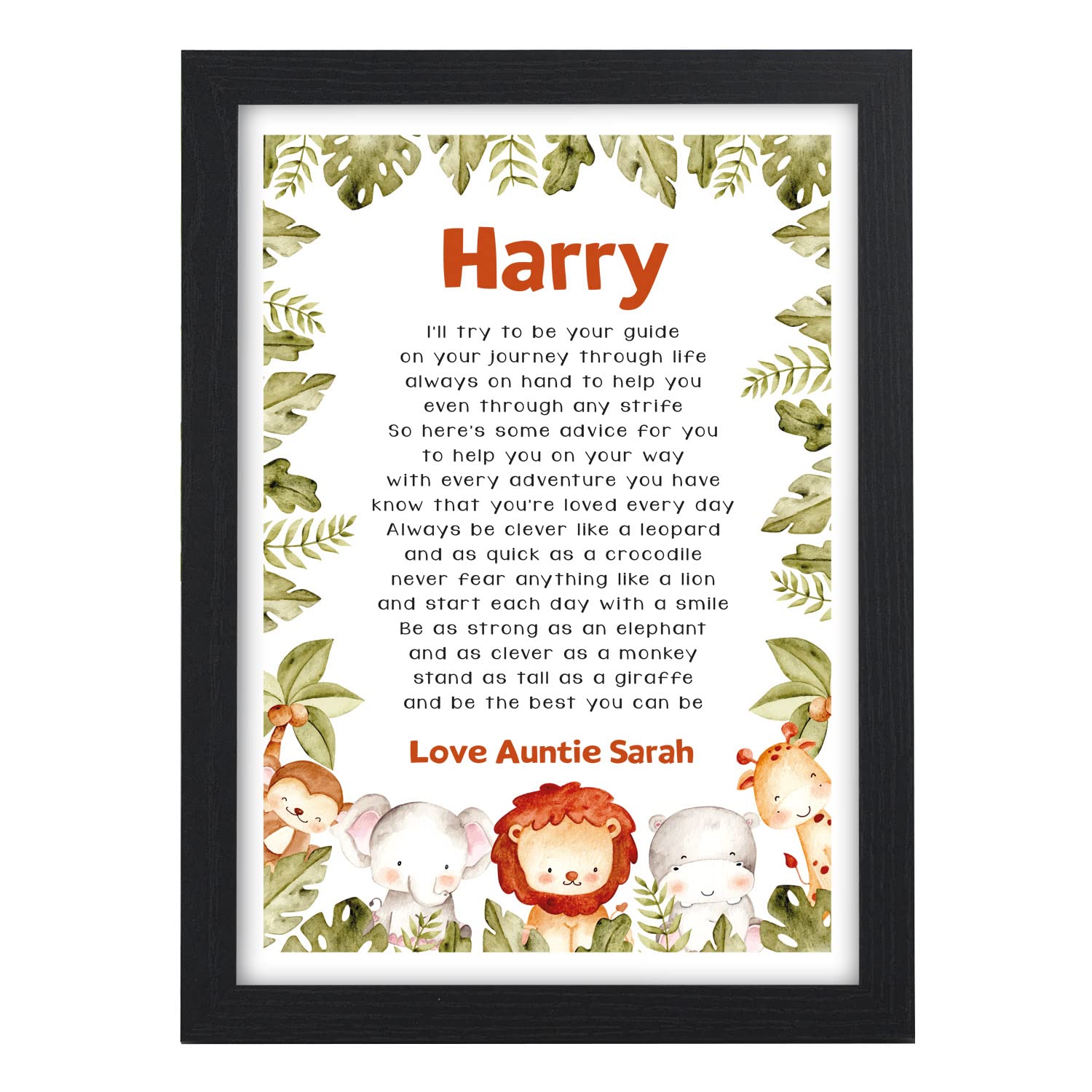 Christening Poem Gift For Goddaughter Godson, Personalised Christening Gift From Godparents Godmother Godfather, Naming Day Ceremony Baptism Present, Jungle Animal Safari